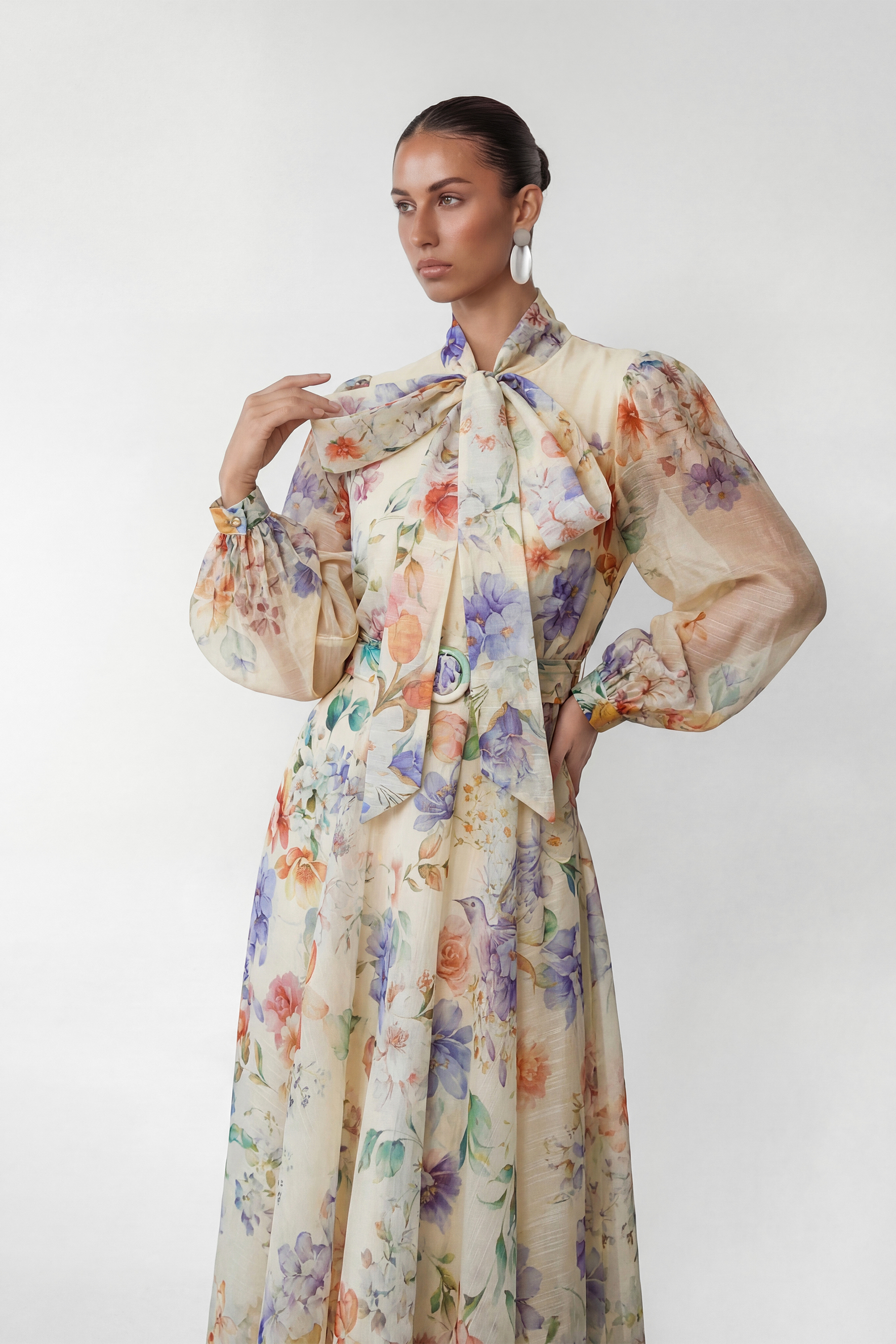 Pretty Darling Beige Floral Print Puff Sleeve Maxi Dress
