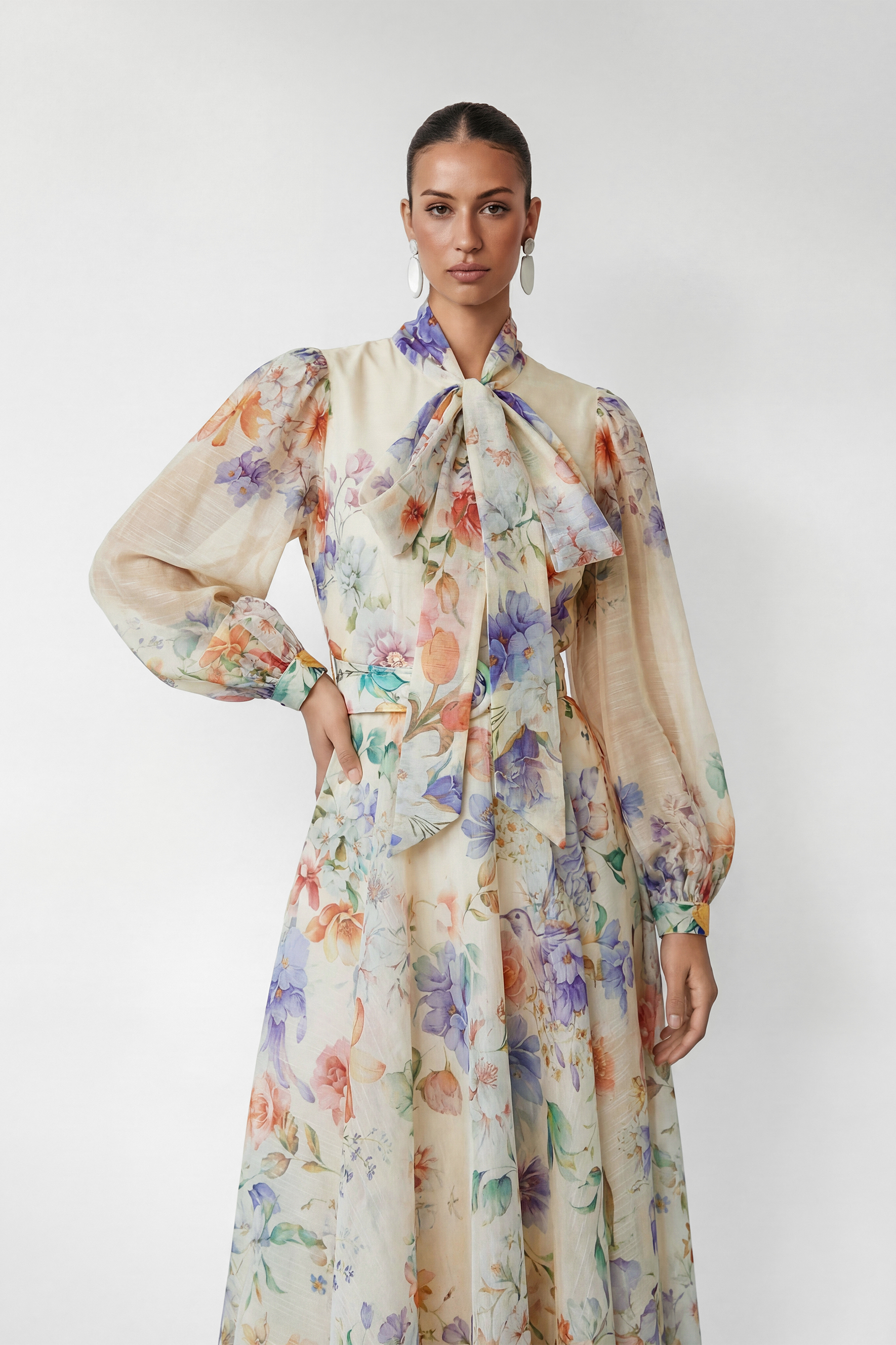 Pretty Darling Beige Floral Print Puff Sleeve Maxi Dress