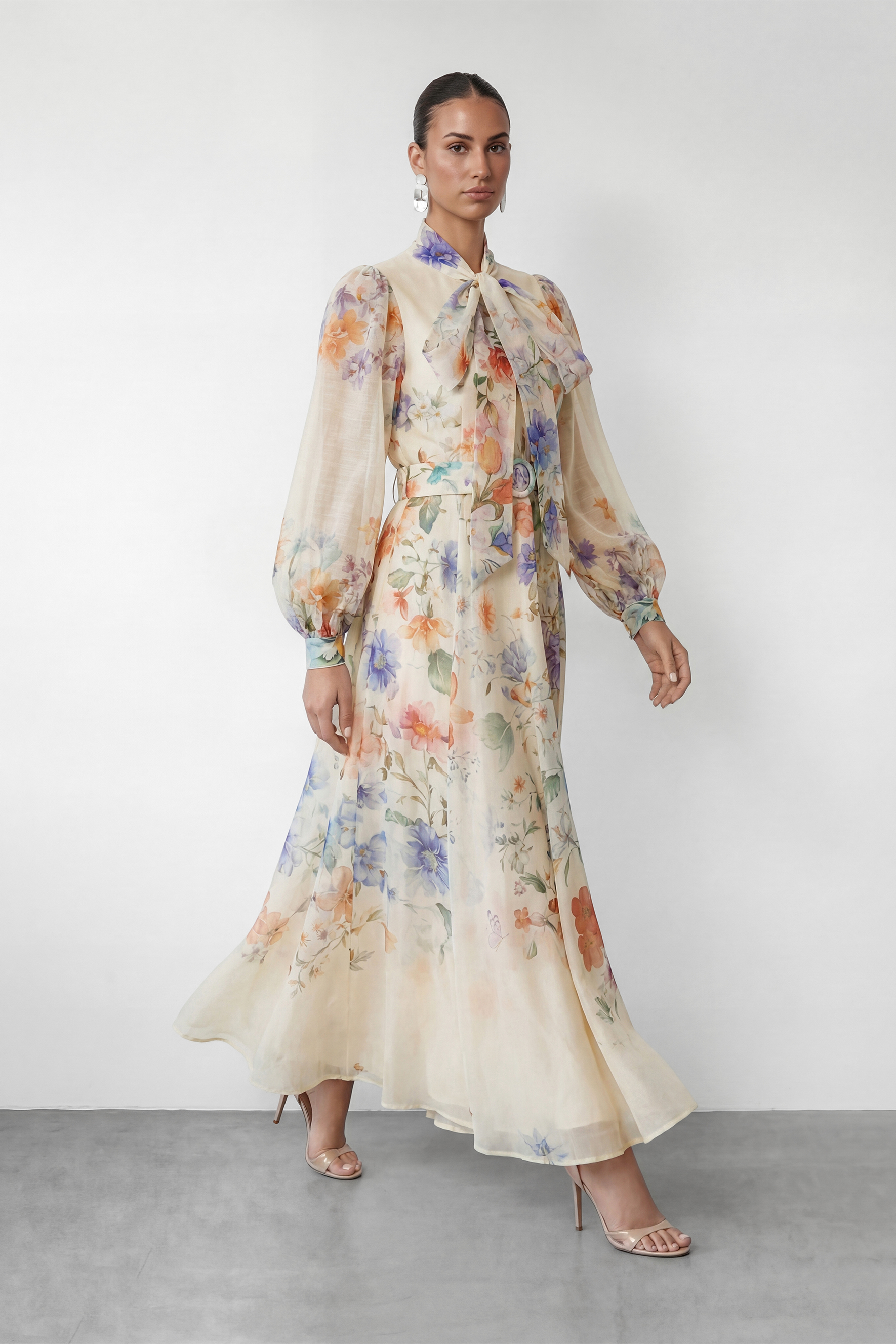 Pretty Darling Beige Floral Print Puff Sleeve Maxi Dress