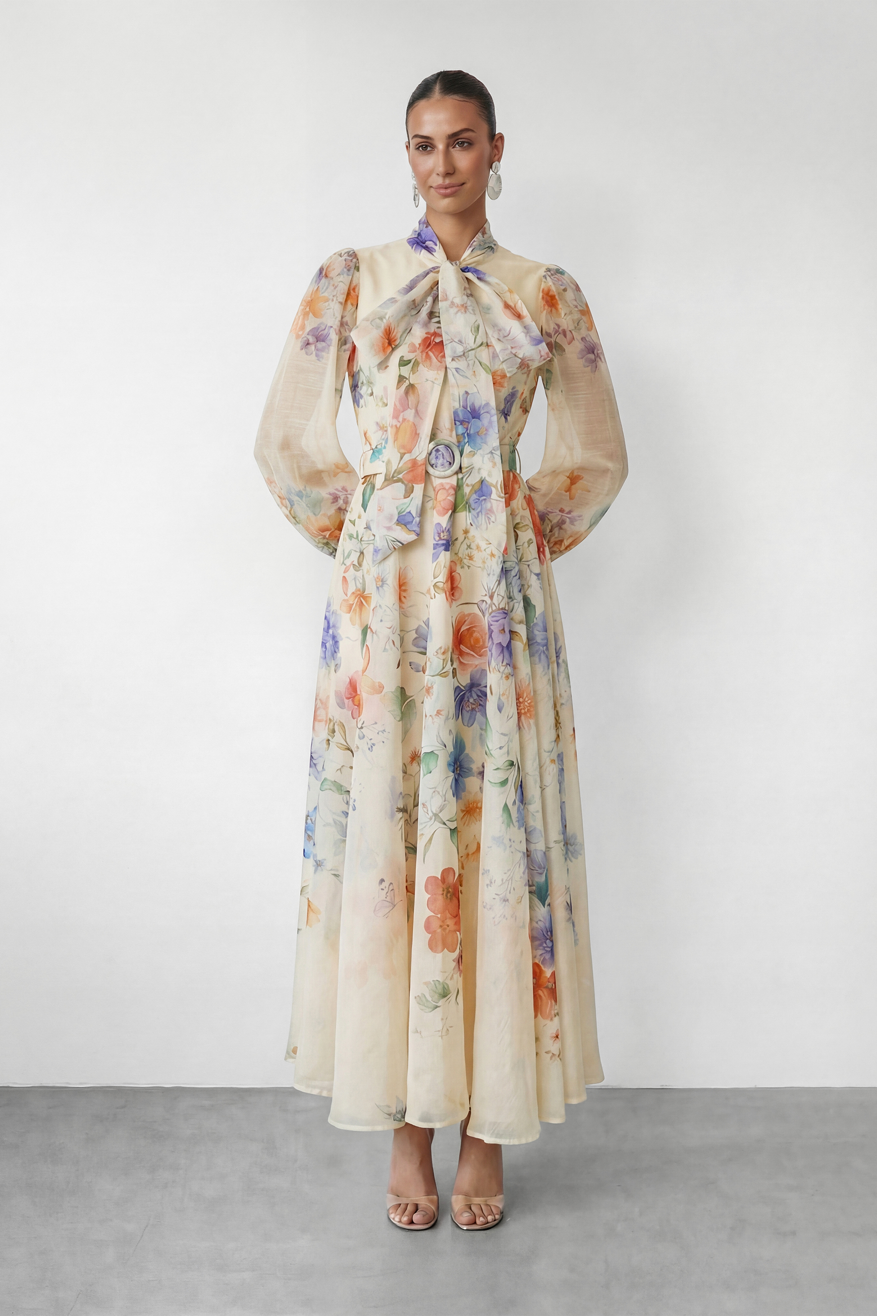 Pretty Darling Beige Floral Print Puff Sleeve Maxi Dress