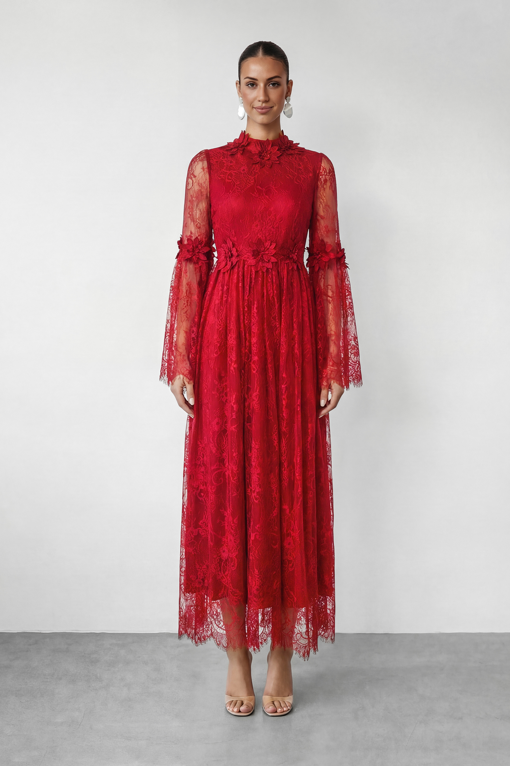 Meet Me Tonight Red Floral Applique Lace Maxi Dress