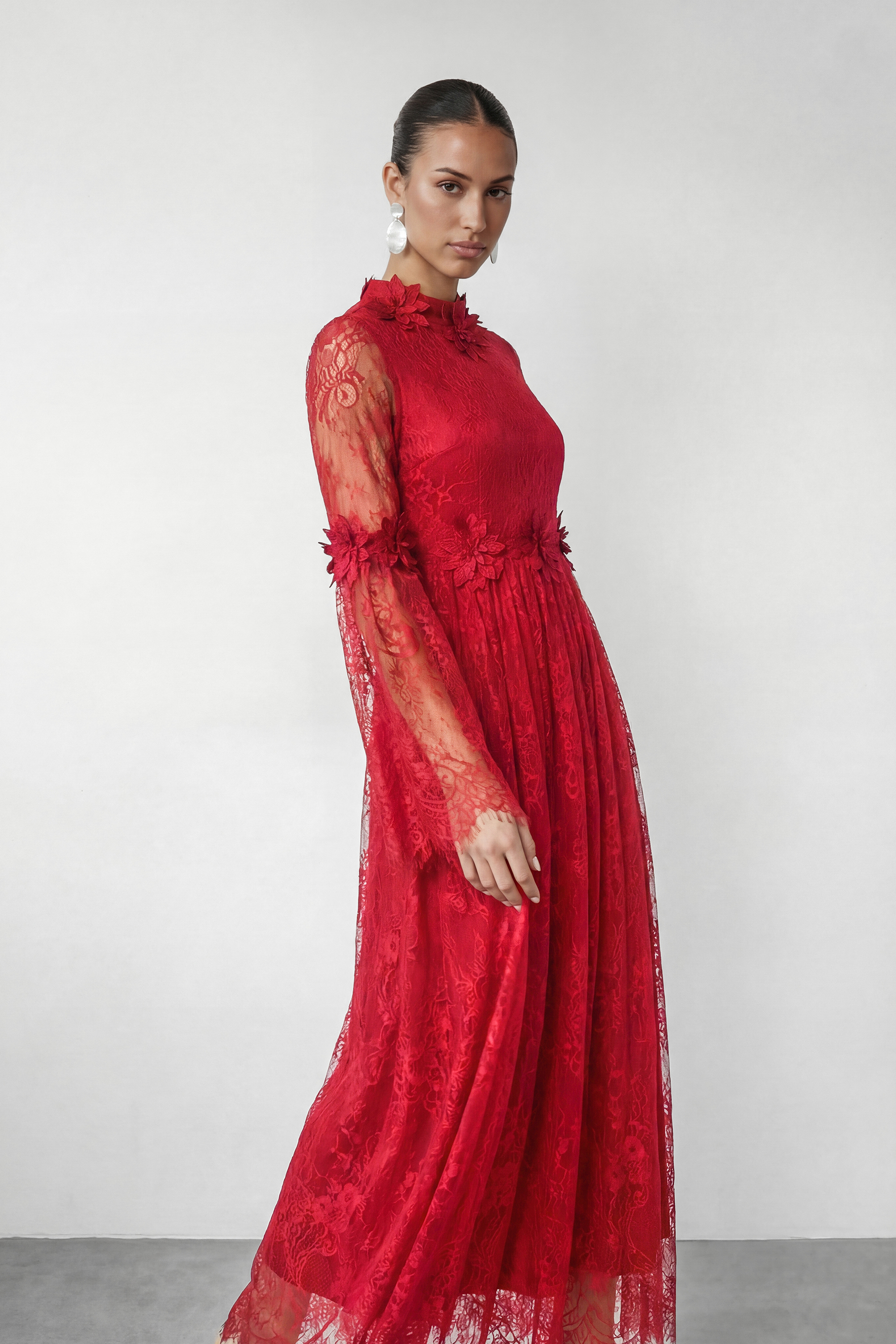 Meet Me Tonight Red Floral Applique Lace Maxi Dress
