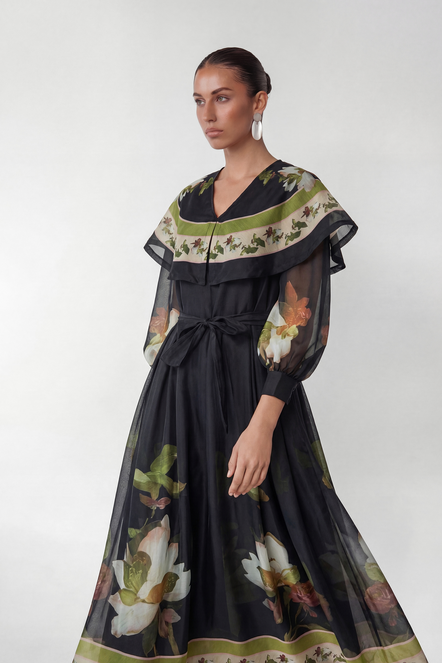 Dark Charm Black Floral Print Cape Collar Maxi Dress