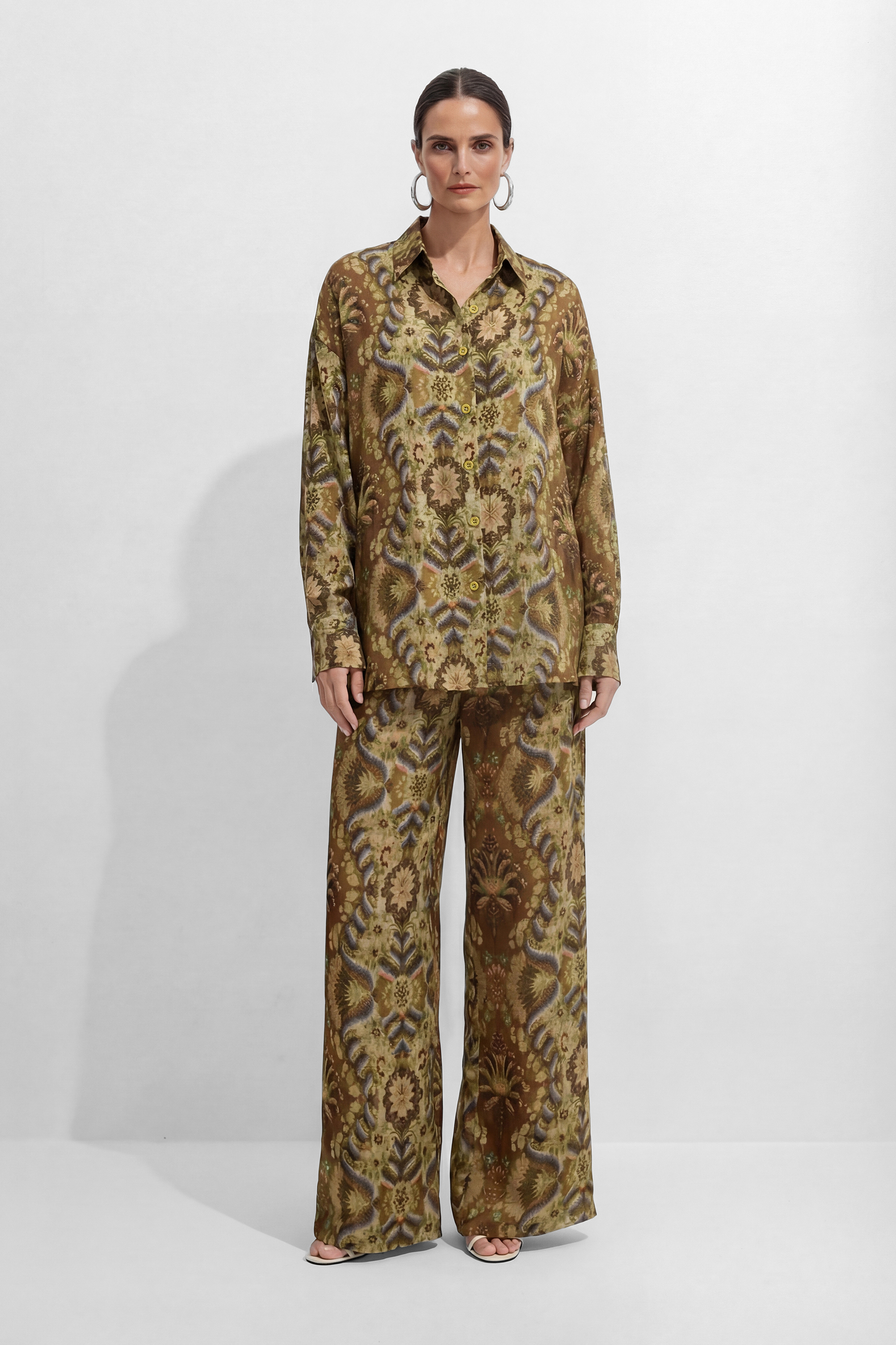 Casual Day Out Brown Printed Top & Wide Leg Pant Set