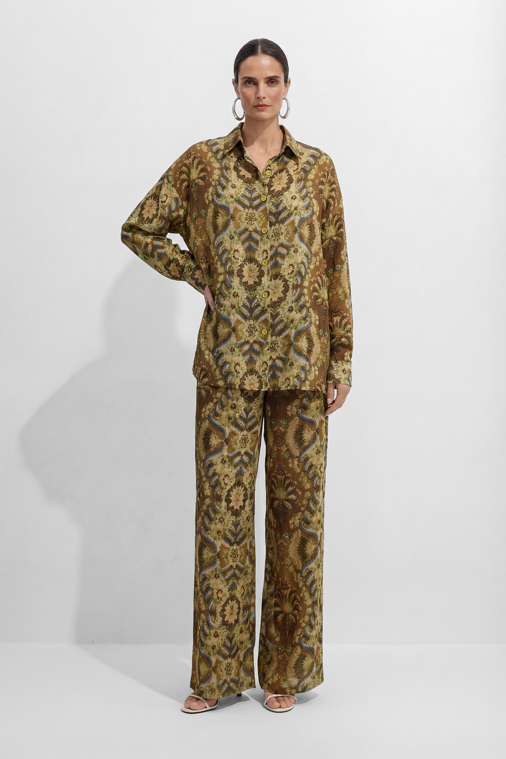 Casual Day Out Brown Printed Top & Wide Leg Pant Set