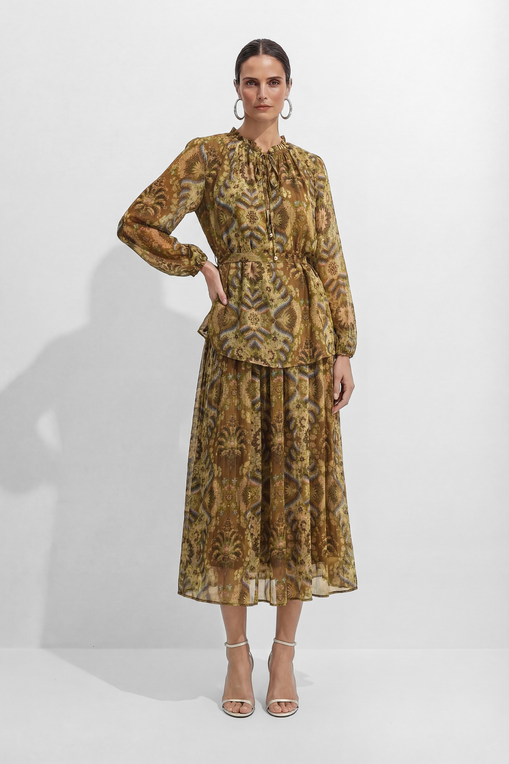 Glam Moment Brown Printed Georgette Set Top & Skirt Set