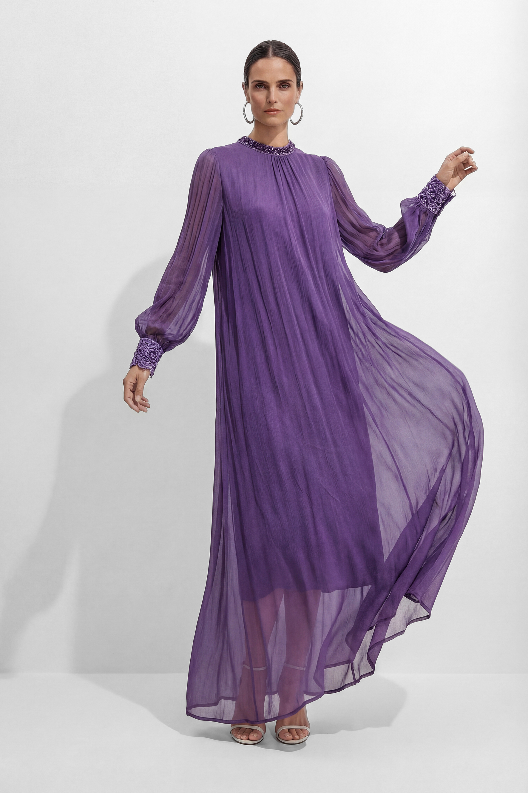 Understated Glamour Purple Embellished Cuff Maxi Dress