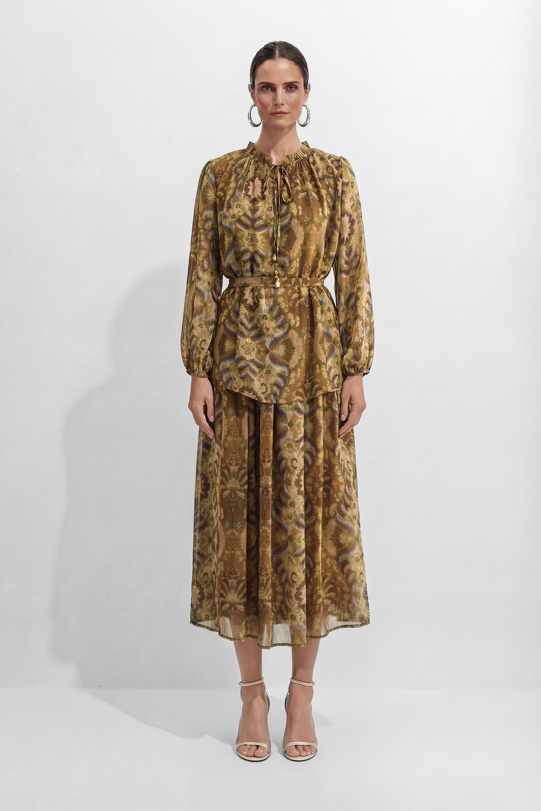 Glam Moment Brown Printed Georgette Set Top & Skirt Set