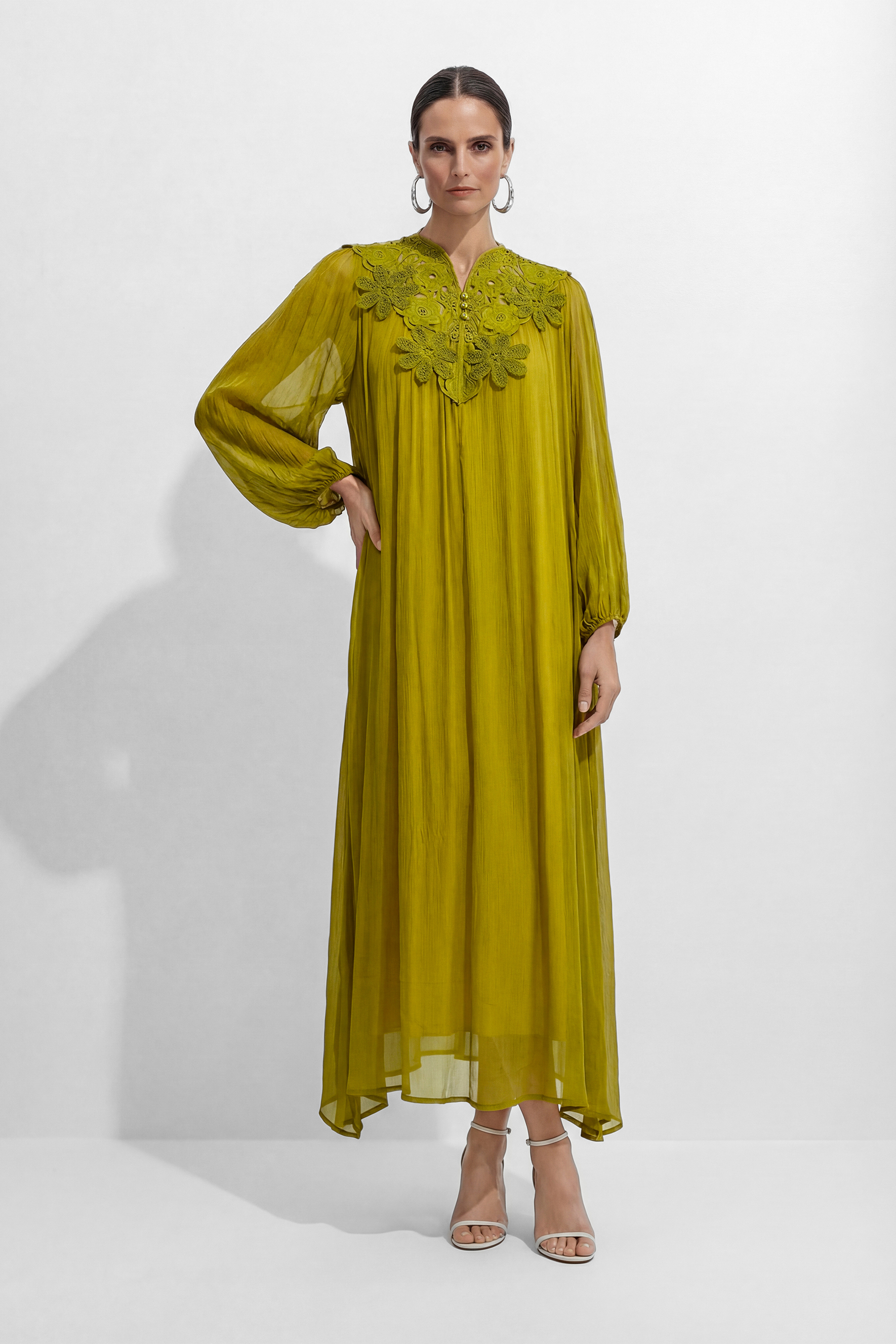 A Little Romance Green Silk Lace Embroidered Maxi Dress