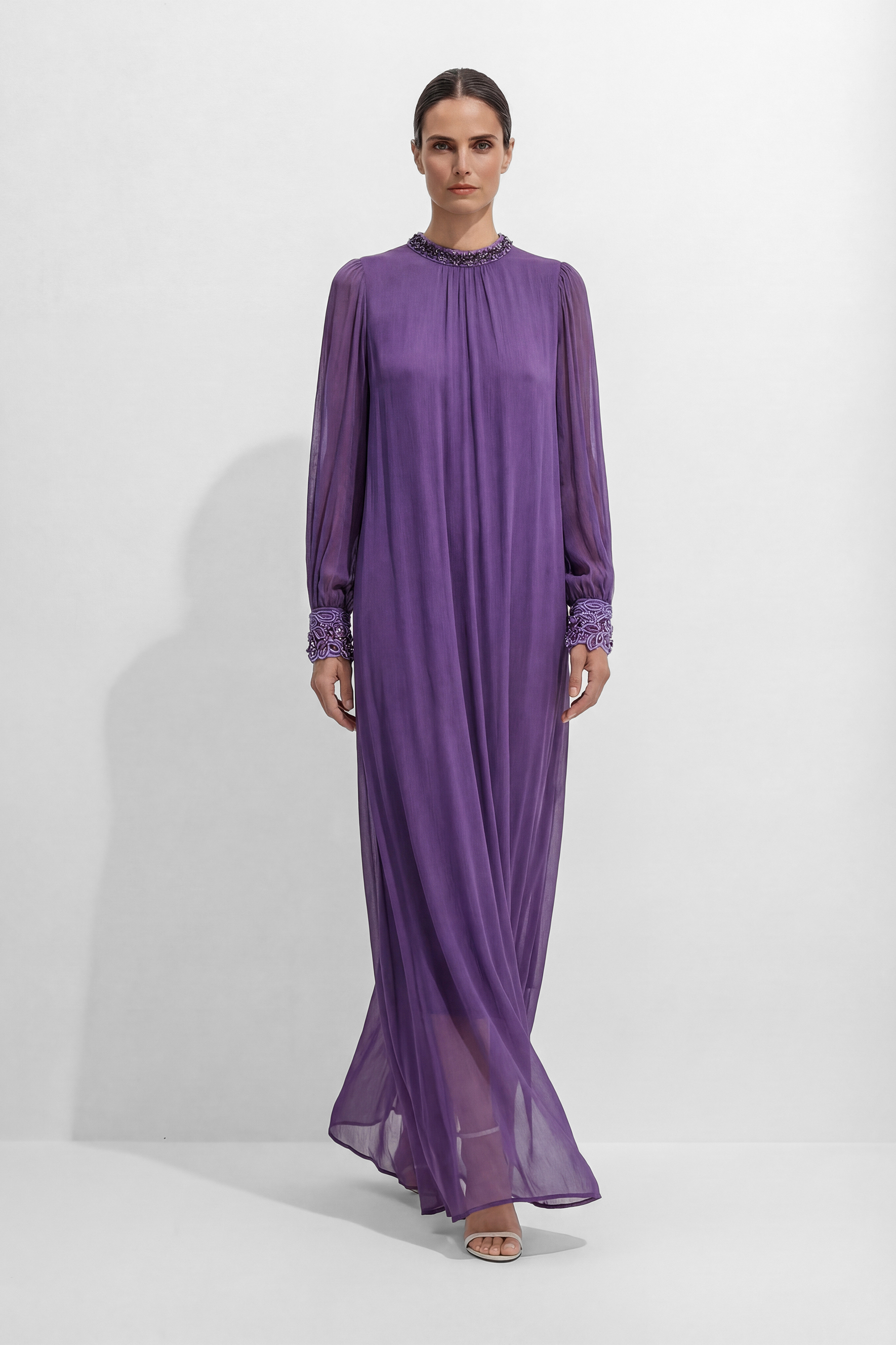 Understated Glamour Purple Embellished Cuff Maxi Dress