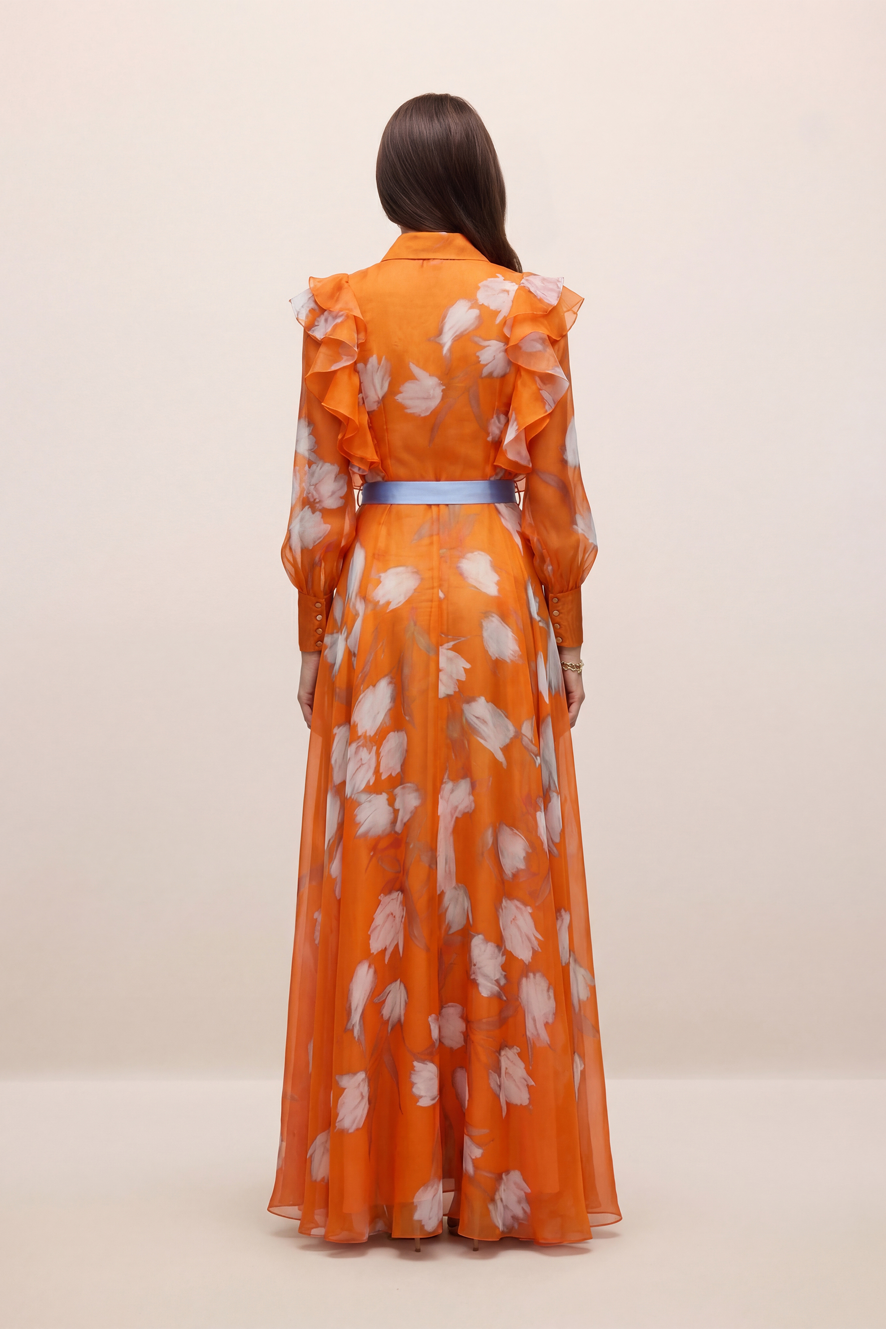 Garden Sunlight Orange Floral Print Ruffle Maxi Dress