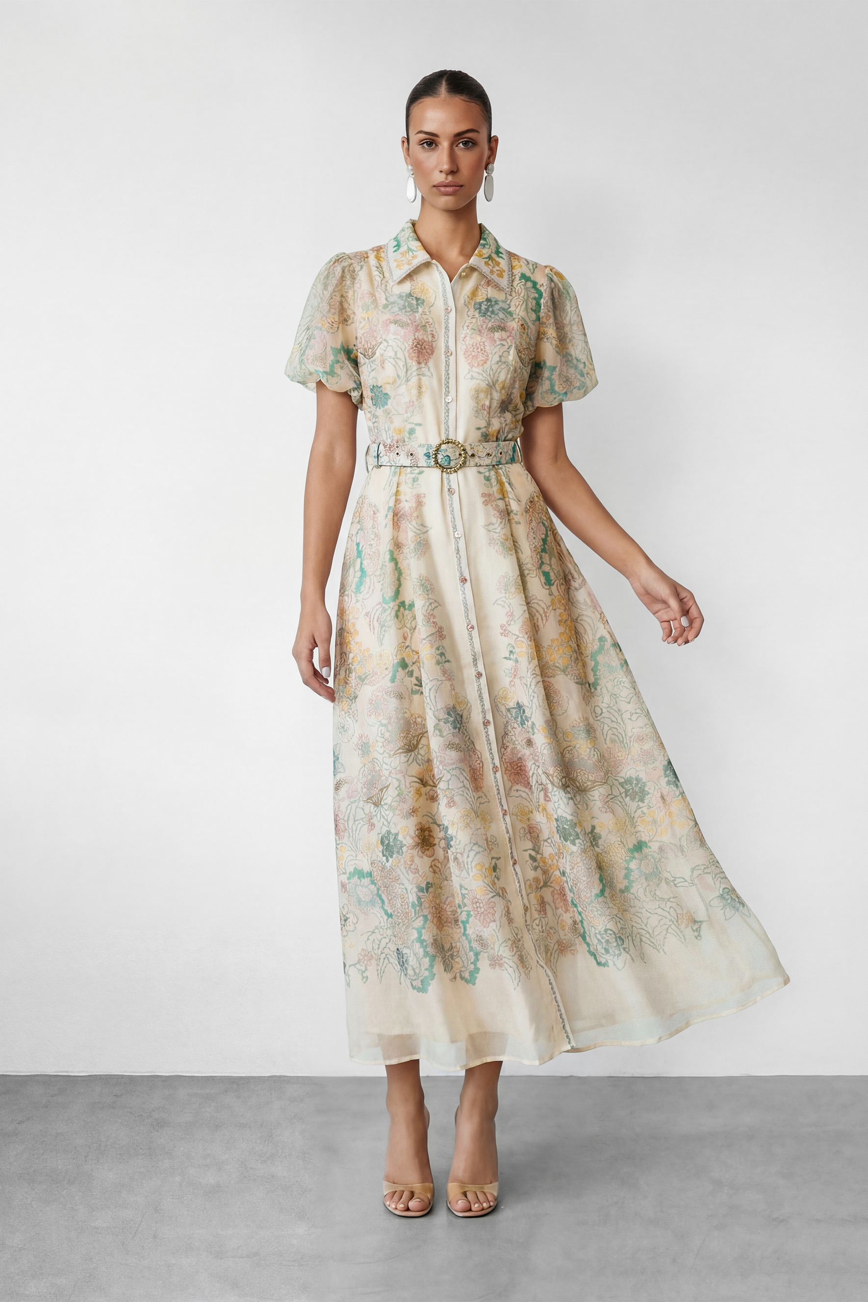 Perfect Painting Apricot Floral Print Puff Sleeve Maxi Dress