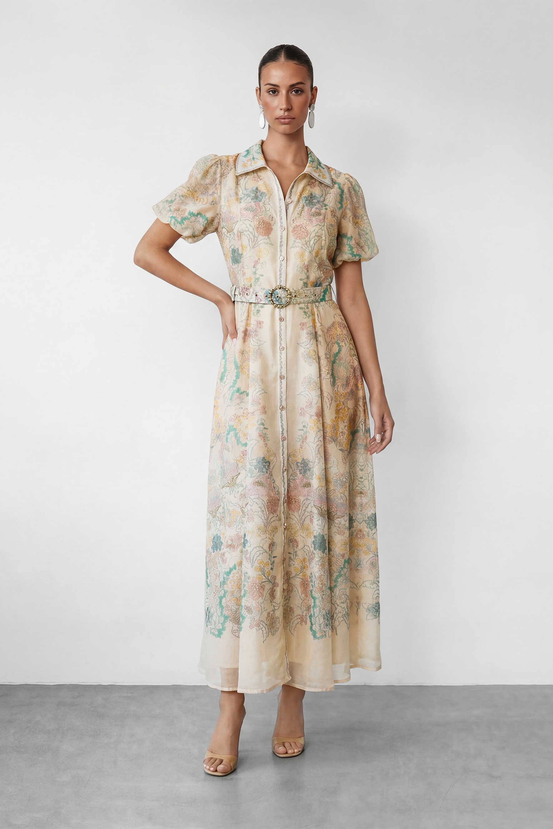 Perfect Painting Apricot Floral Print Puff Sleeve Maxi Dress