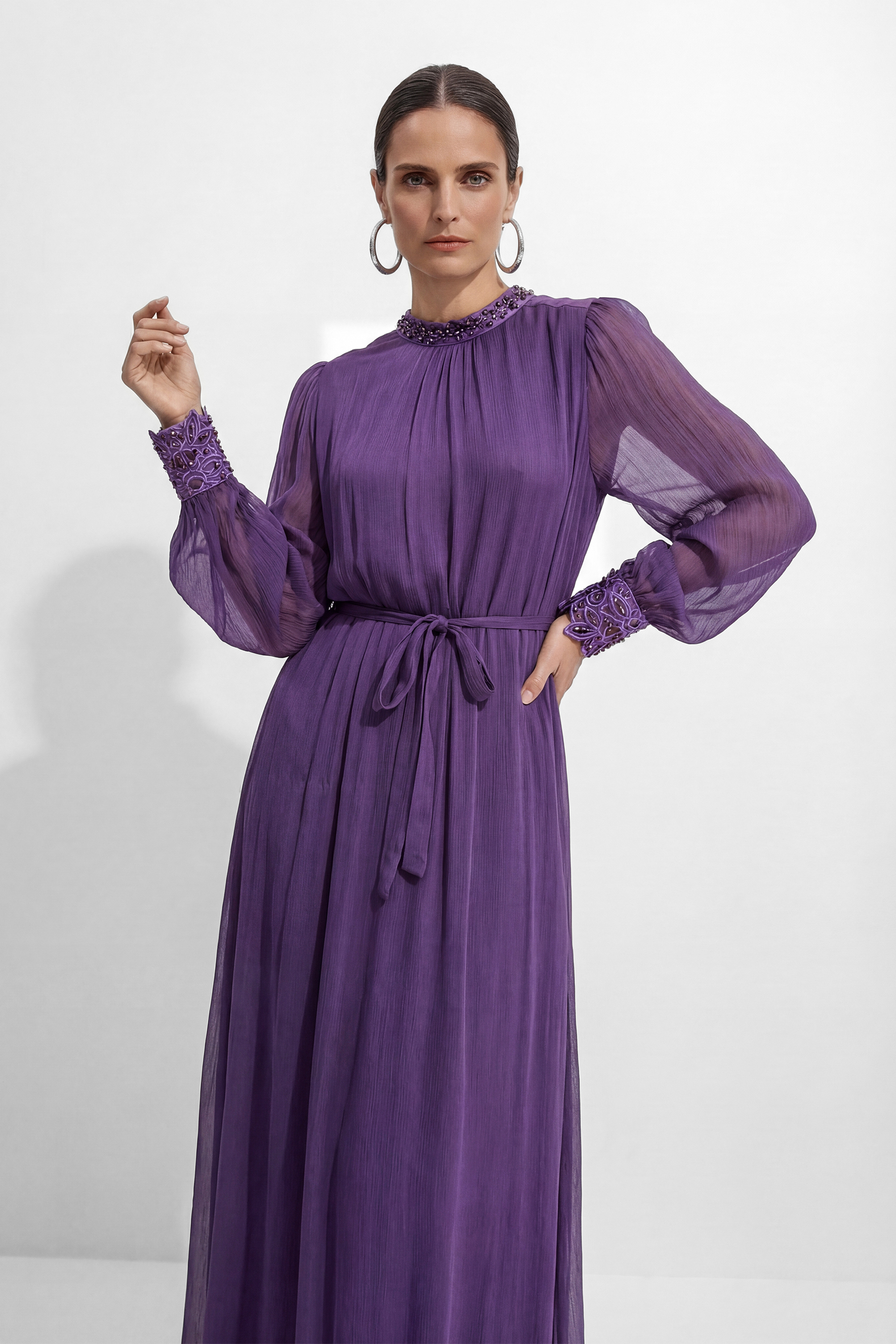 Understated Glamour Purple Embellished Cuff Maxi Dress