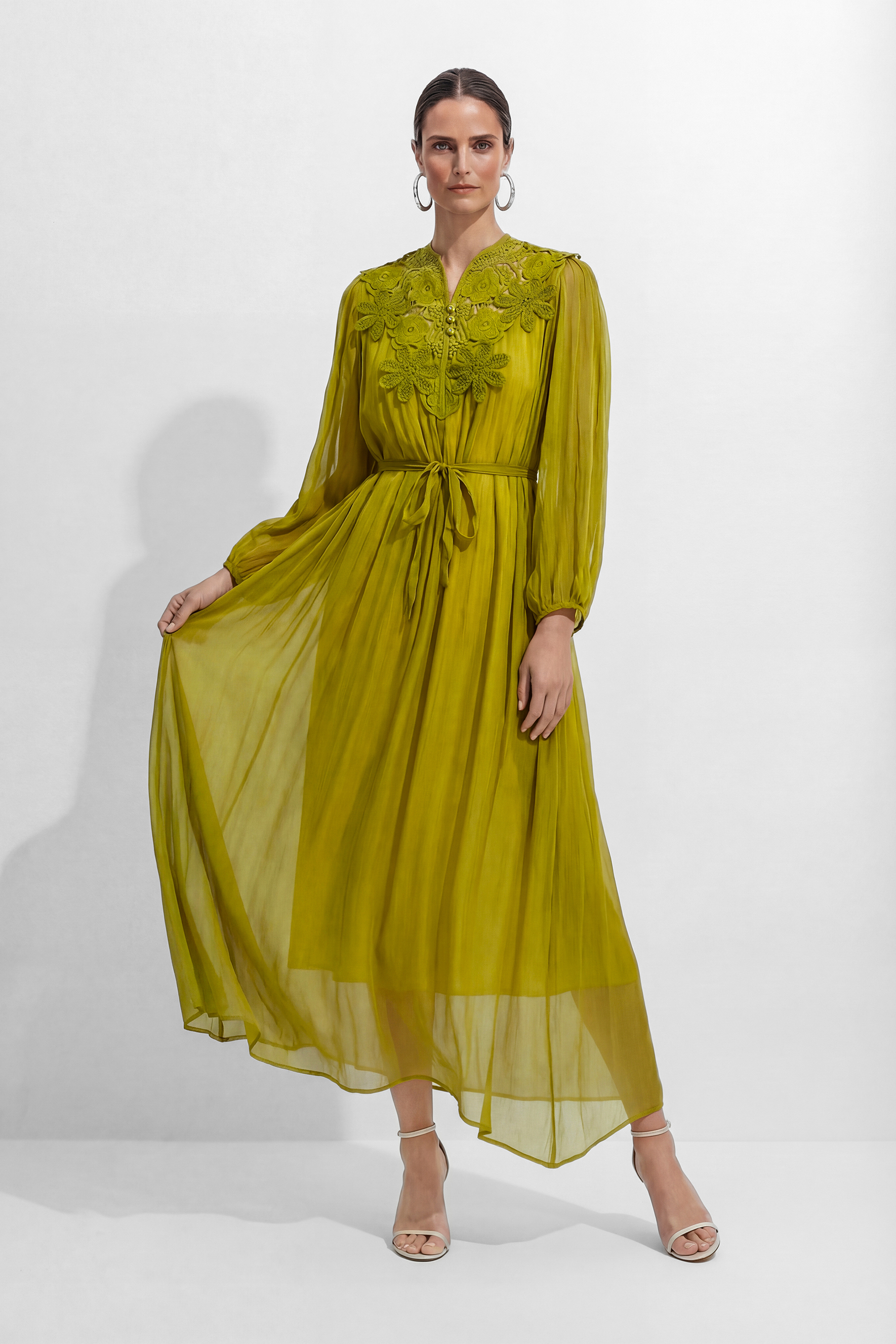 A Little Romance Green Silk Lace Embroidered Maxi Dress