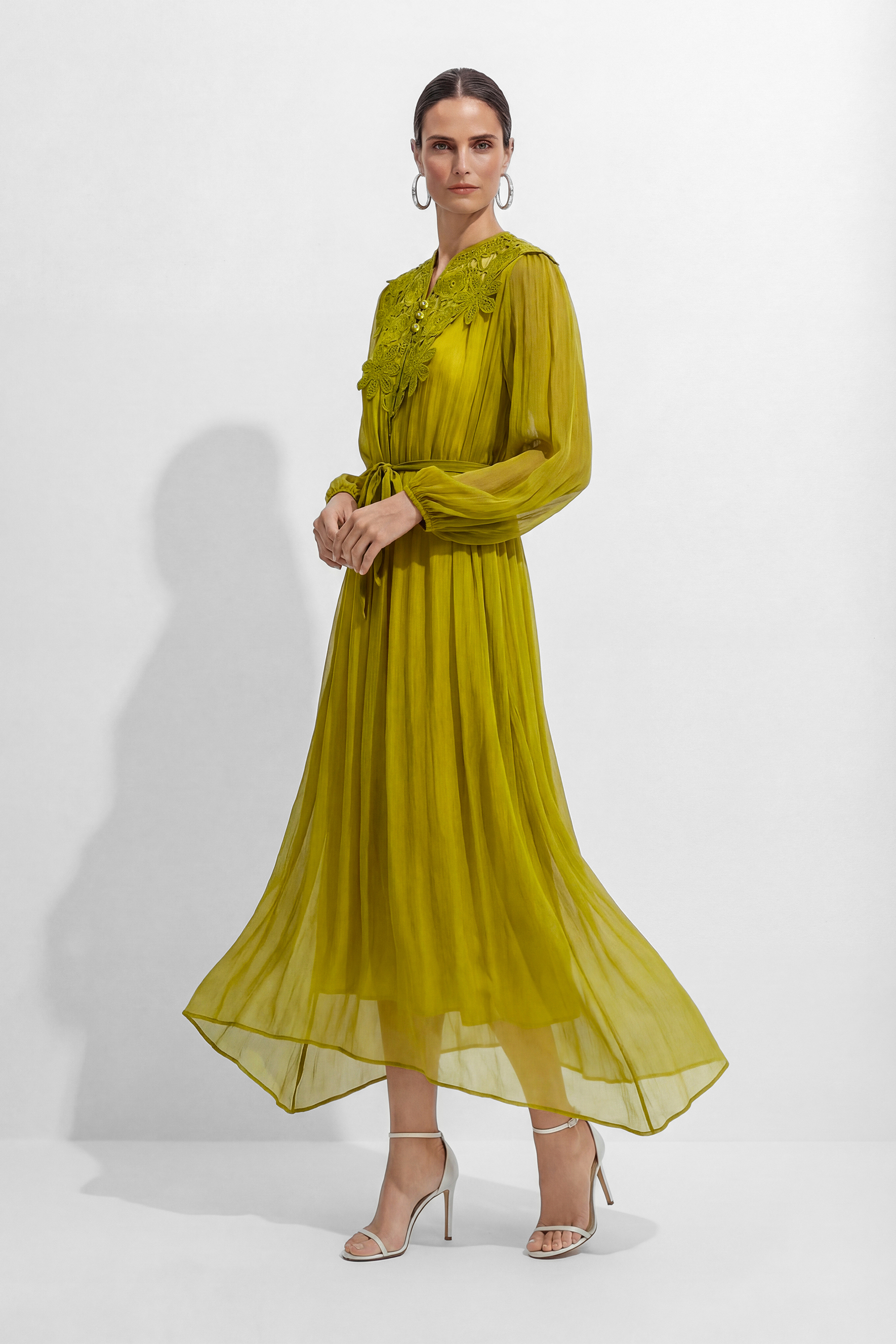 A Little Romance Green Silk Lace Embroidered Maxi Dress