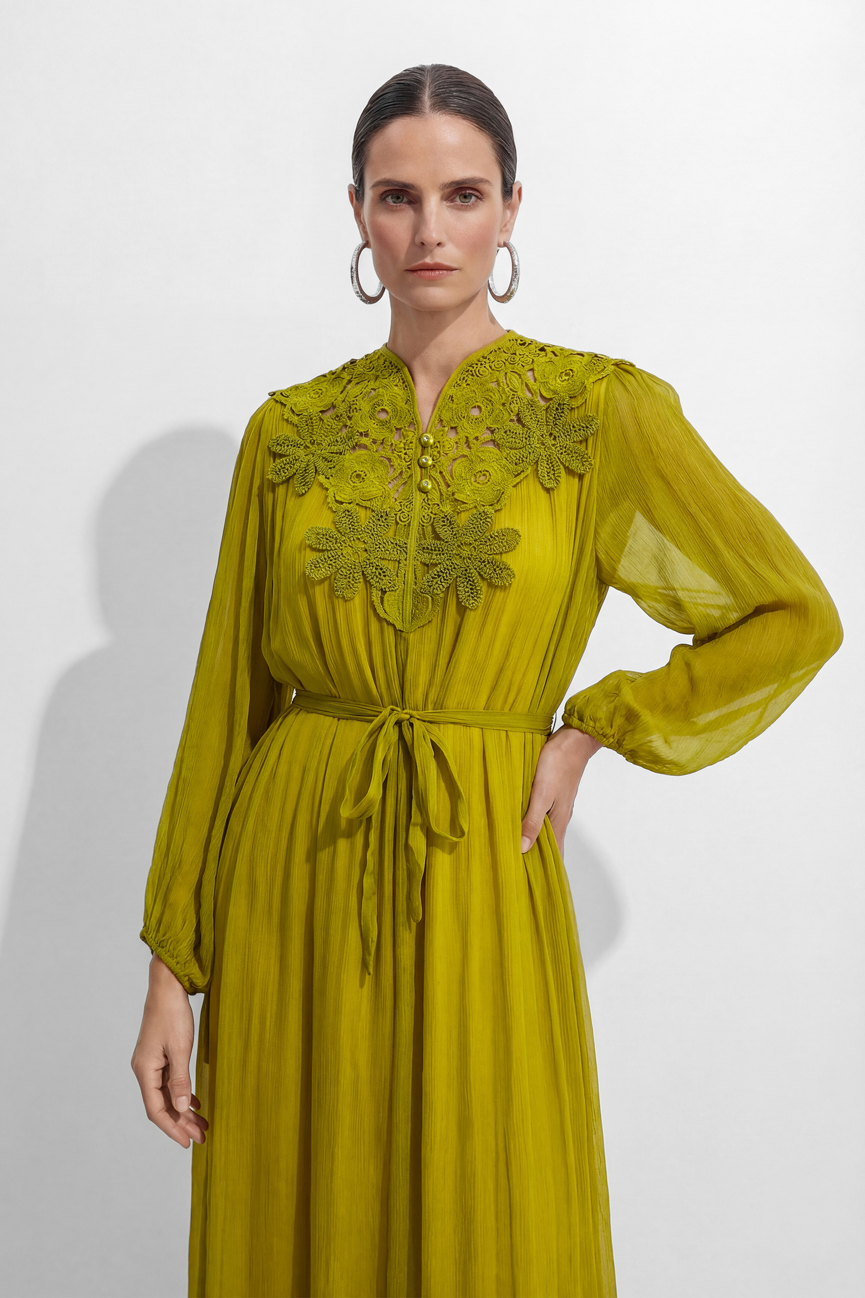 A Little Romance Green Silk Lace Embroidered Maxi Dress