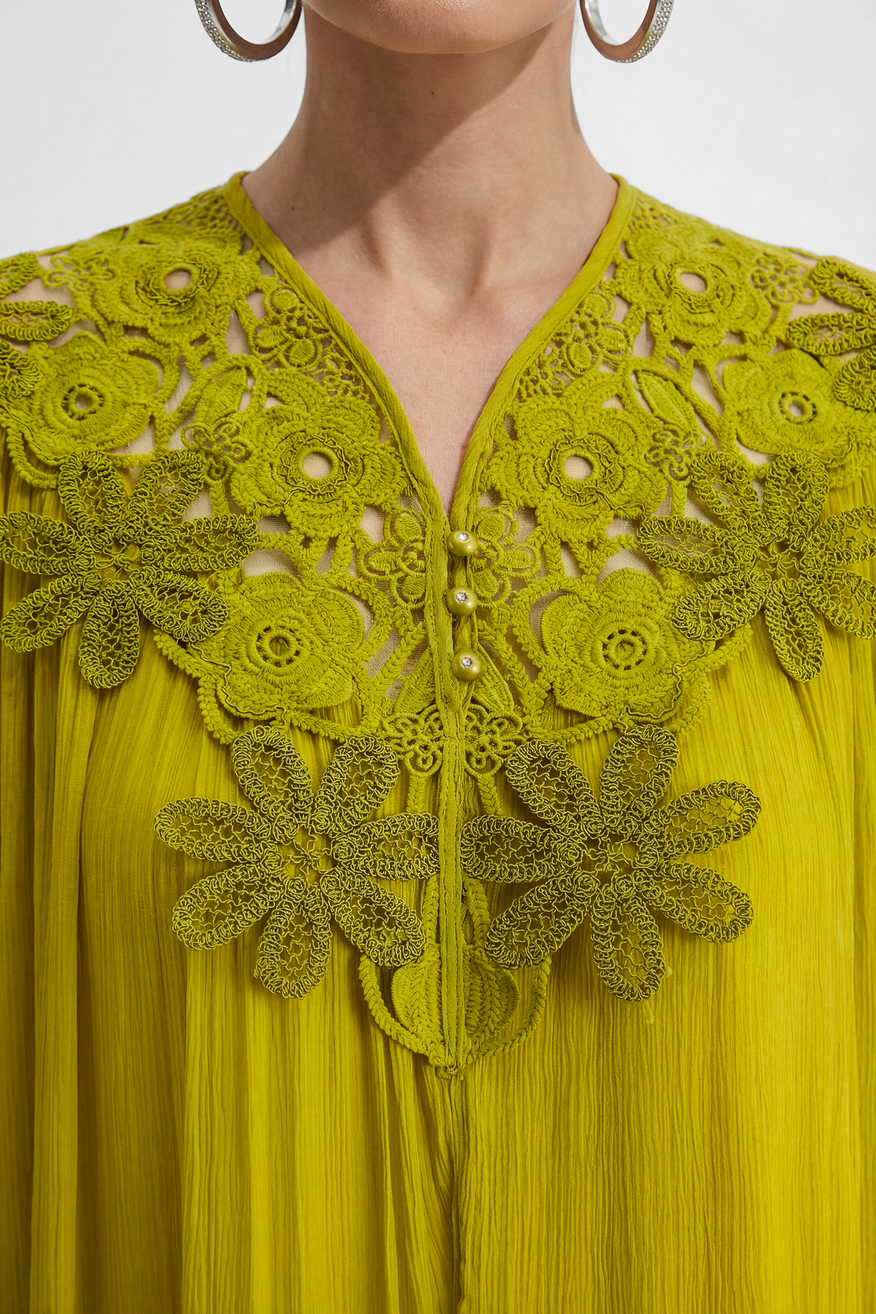 A Little Romance Green Silk Lace Embroidered Maxi Dress