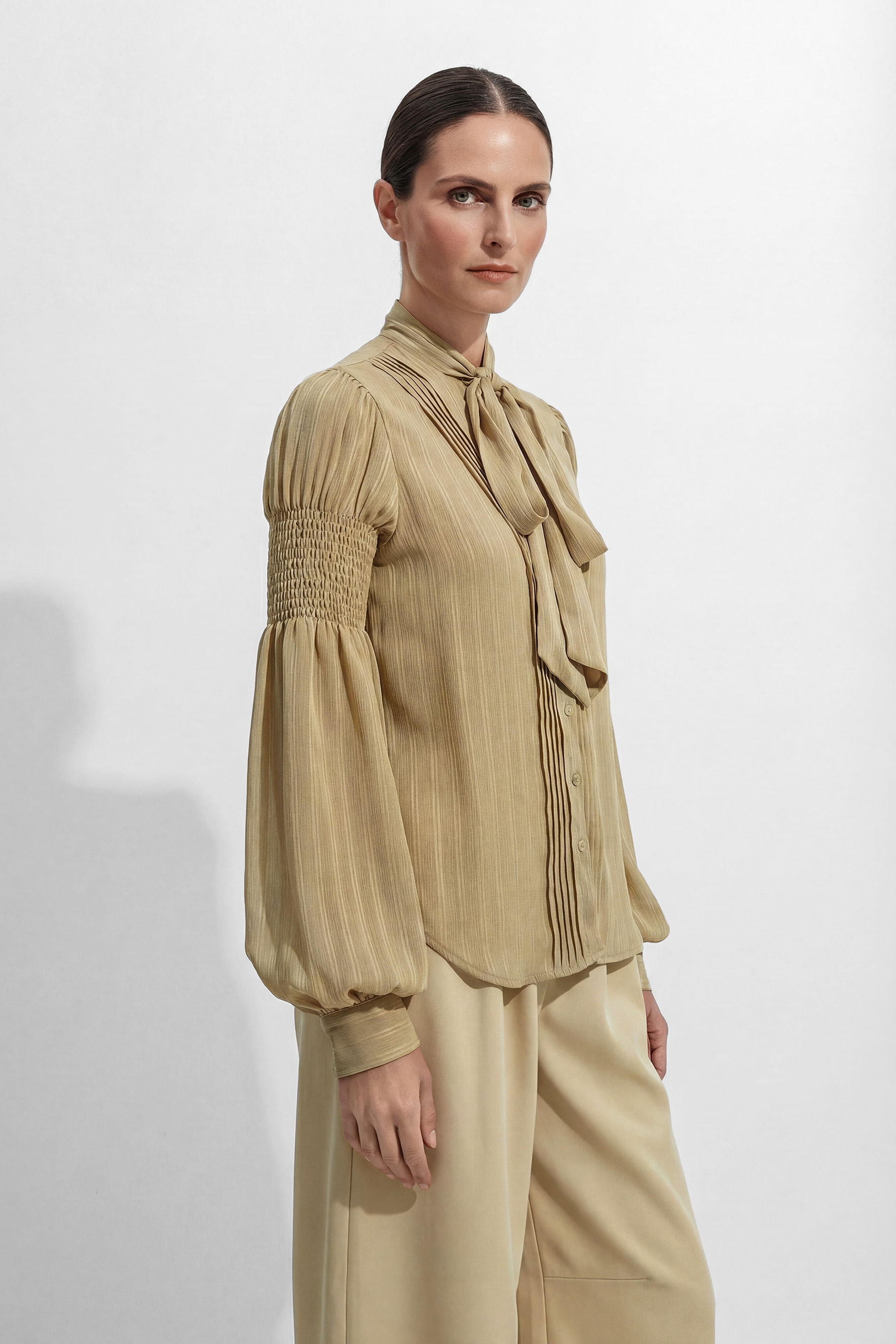 Daily Vibe Khaki Tie Neck Bishop Sleeve Blouse