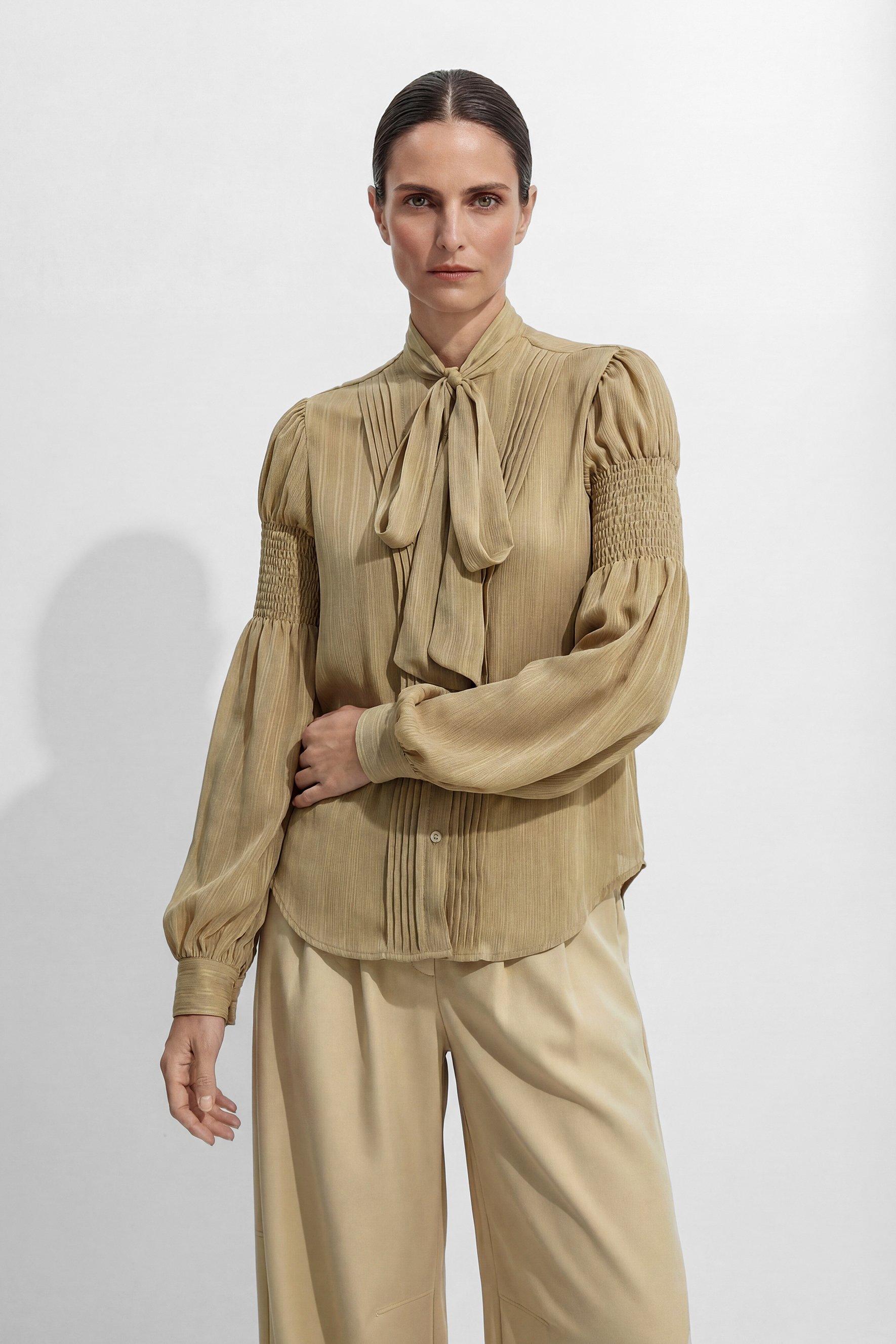 Daily Vibe Khaki Tie Neck Bishop Sleeve Blouse