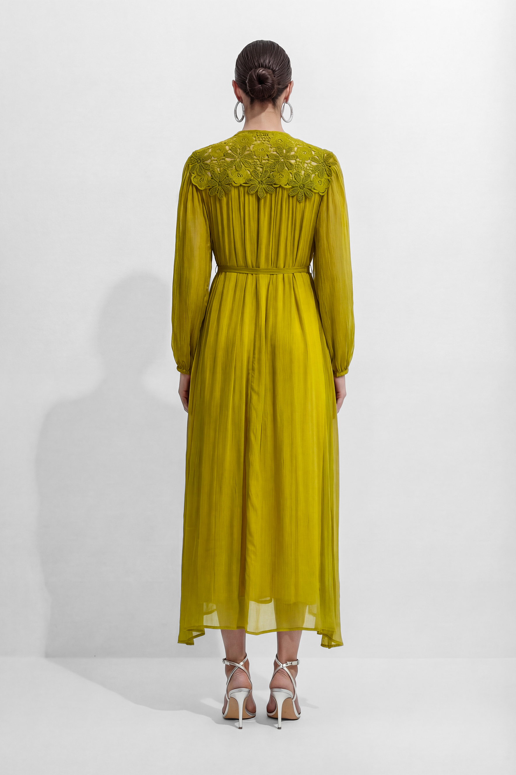 A Little Romance Green Silk Lace Embroidered Maxi Dress