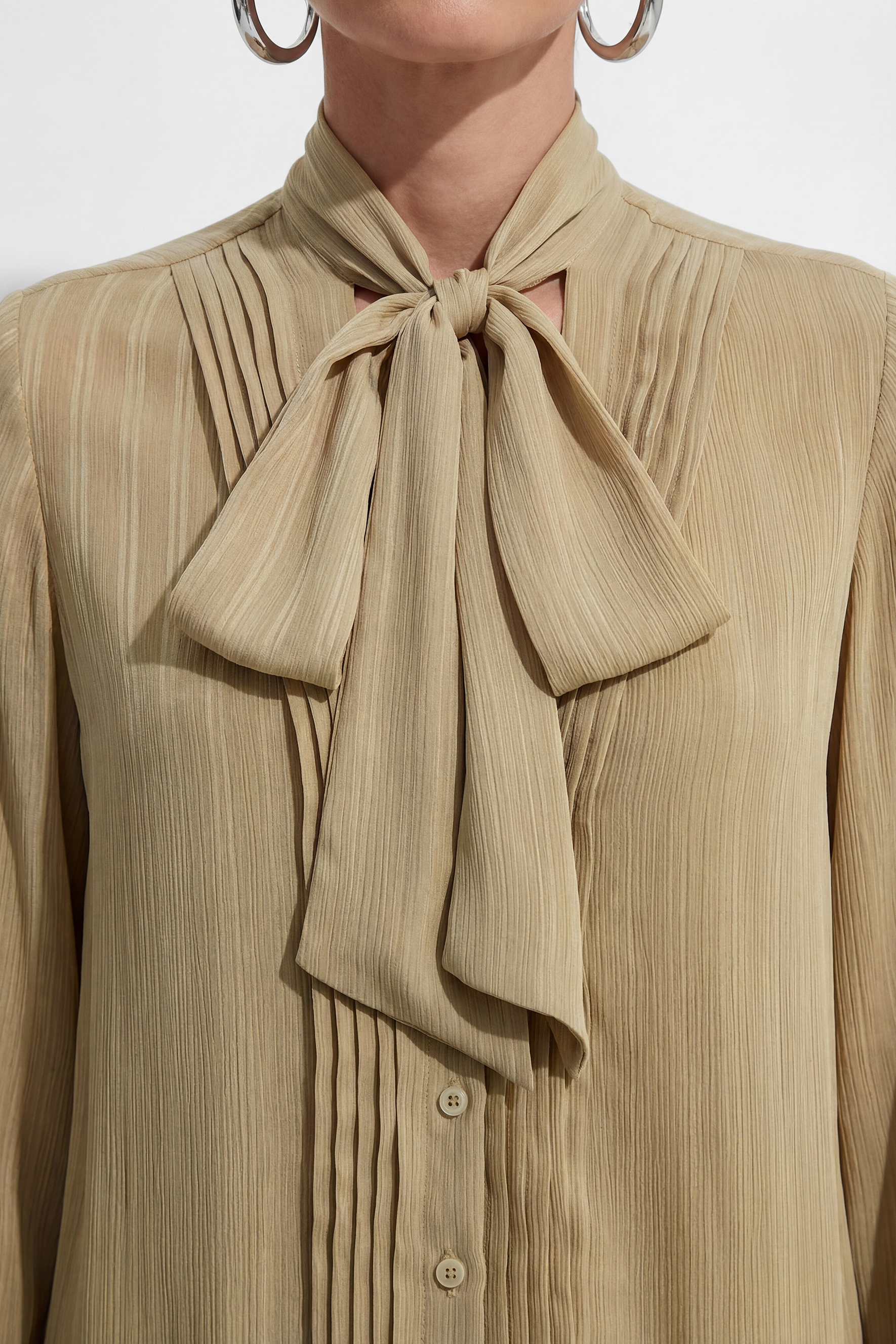 Daily Vibe Khaki Tie Neck Bishop Sleeve Blouse