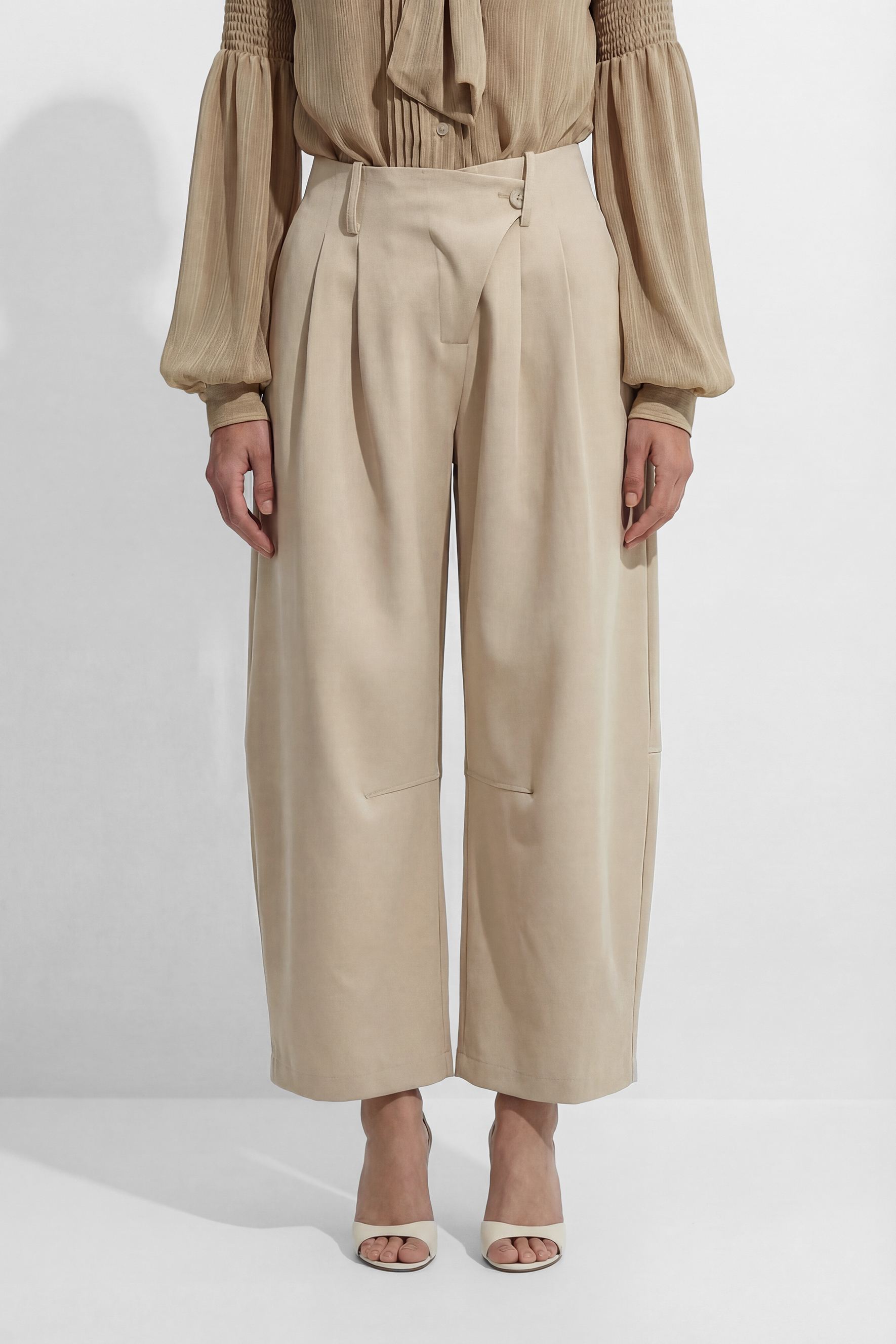 Soft Neutral Beige High Waist Wide Leg Trousers