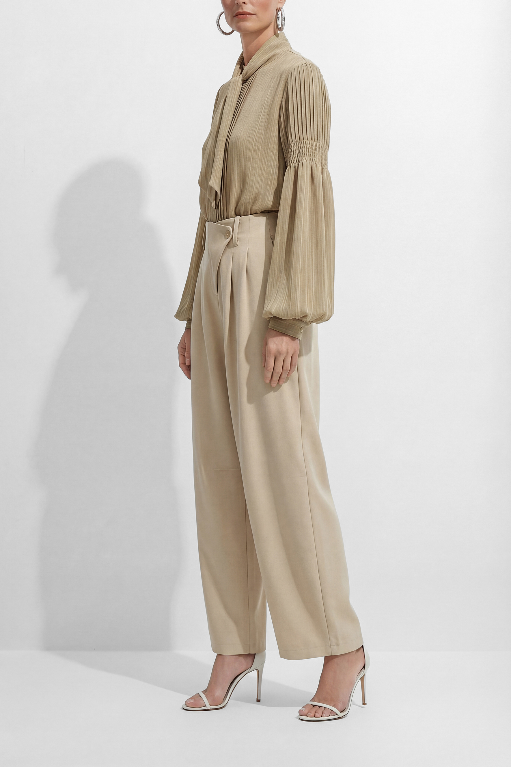 Soft Neutral Beige High Waist Wide Leg Trousers