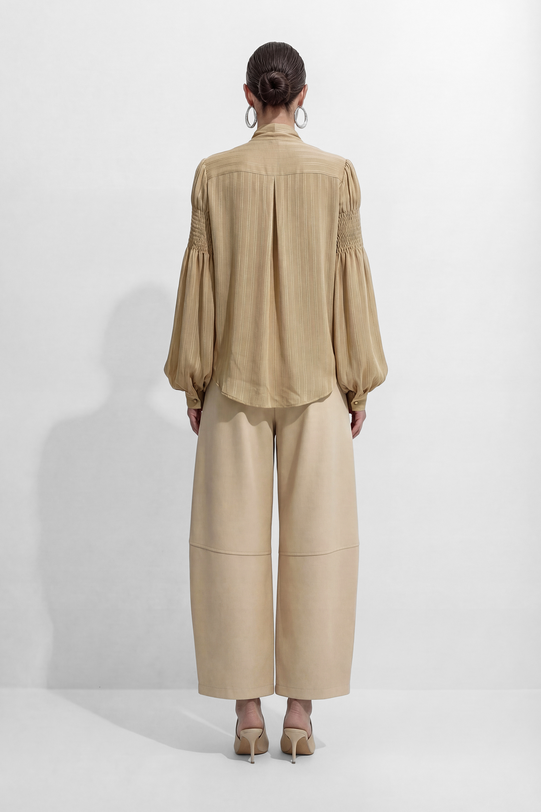 Daily Vibe Khaki Tie Neck Bishop Sleeve Blouse