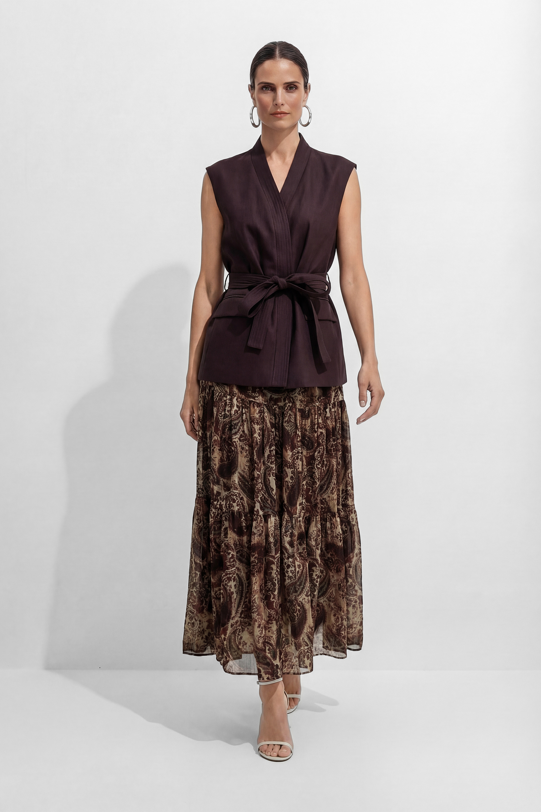 Only Us Tonight Brown Belted Vest & Paisley Print Skirt Set