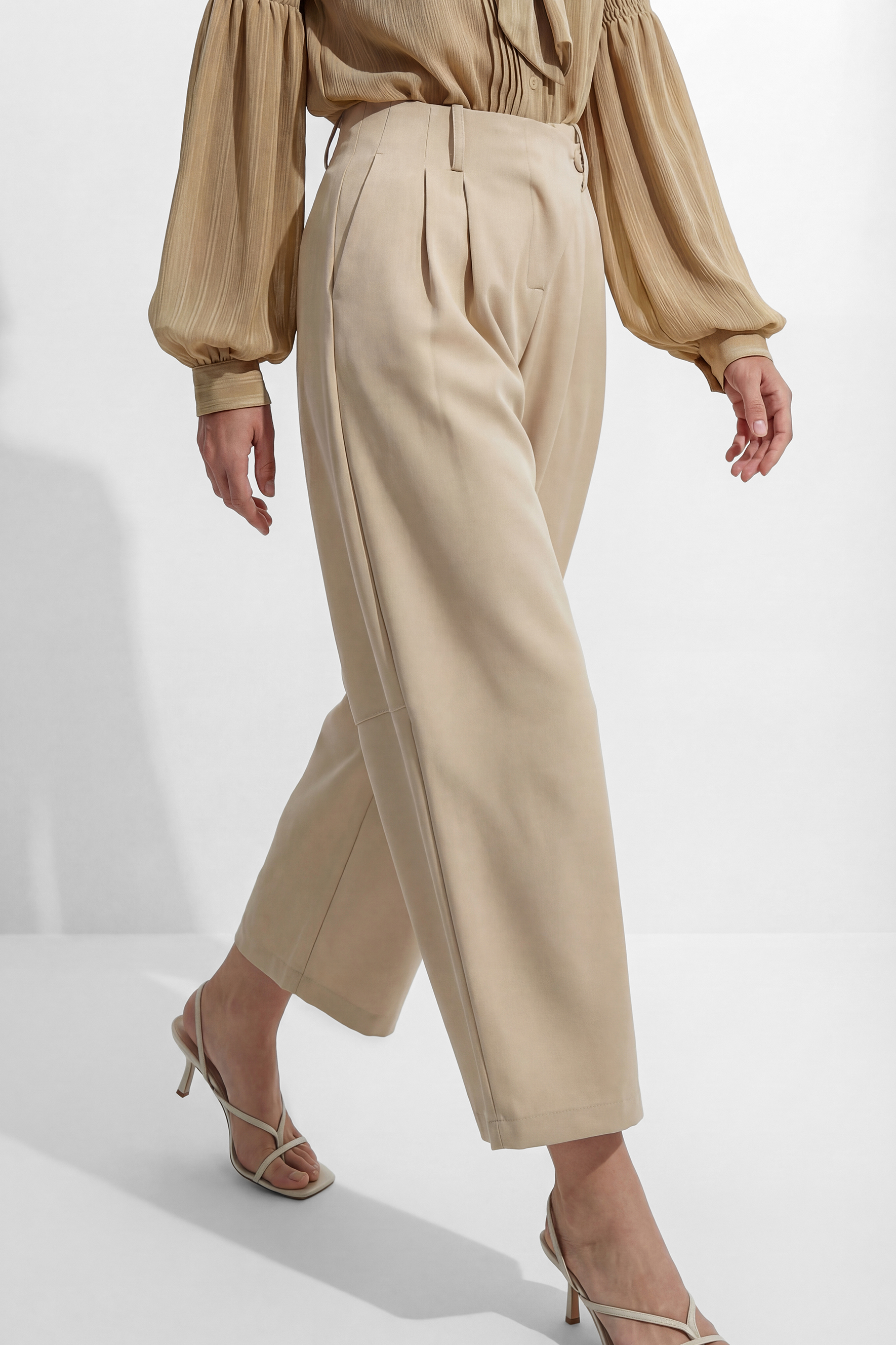 Soft Neutral Beige High Waist Wide Leg Trousers