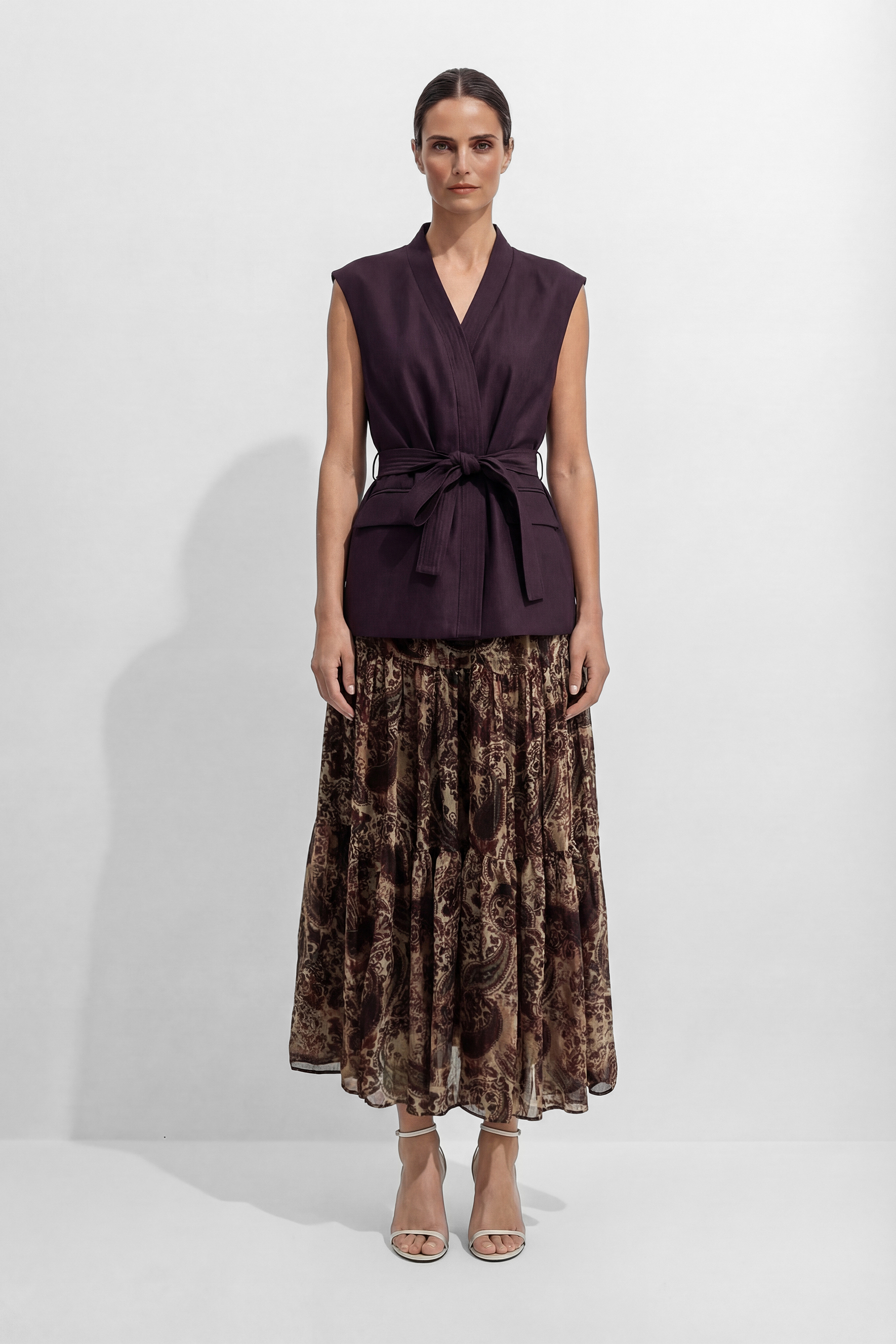 Only Us Tonight Brown Belted Vest & Paisley Print Skirt Set