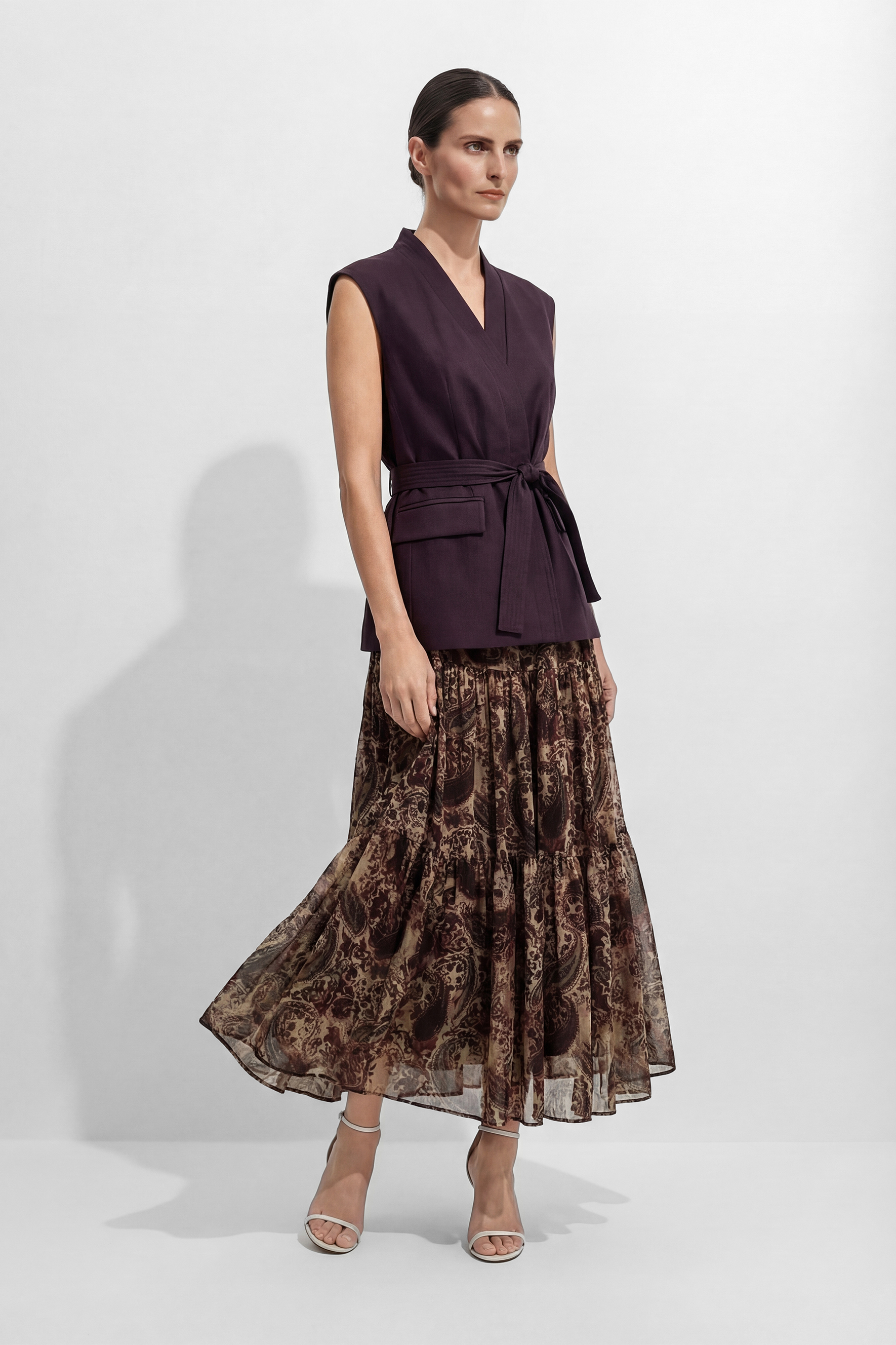 Only Us Tonight Brown Belted Vest & Paisley Print Skirt Set