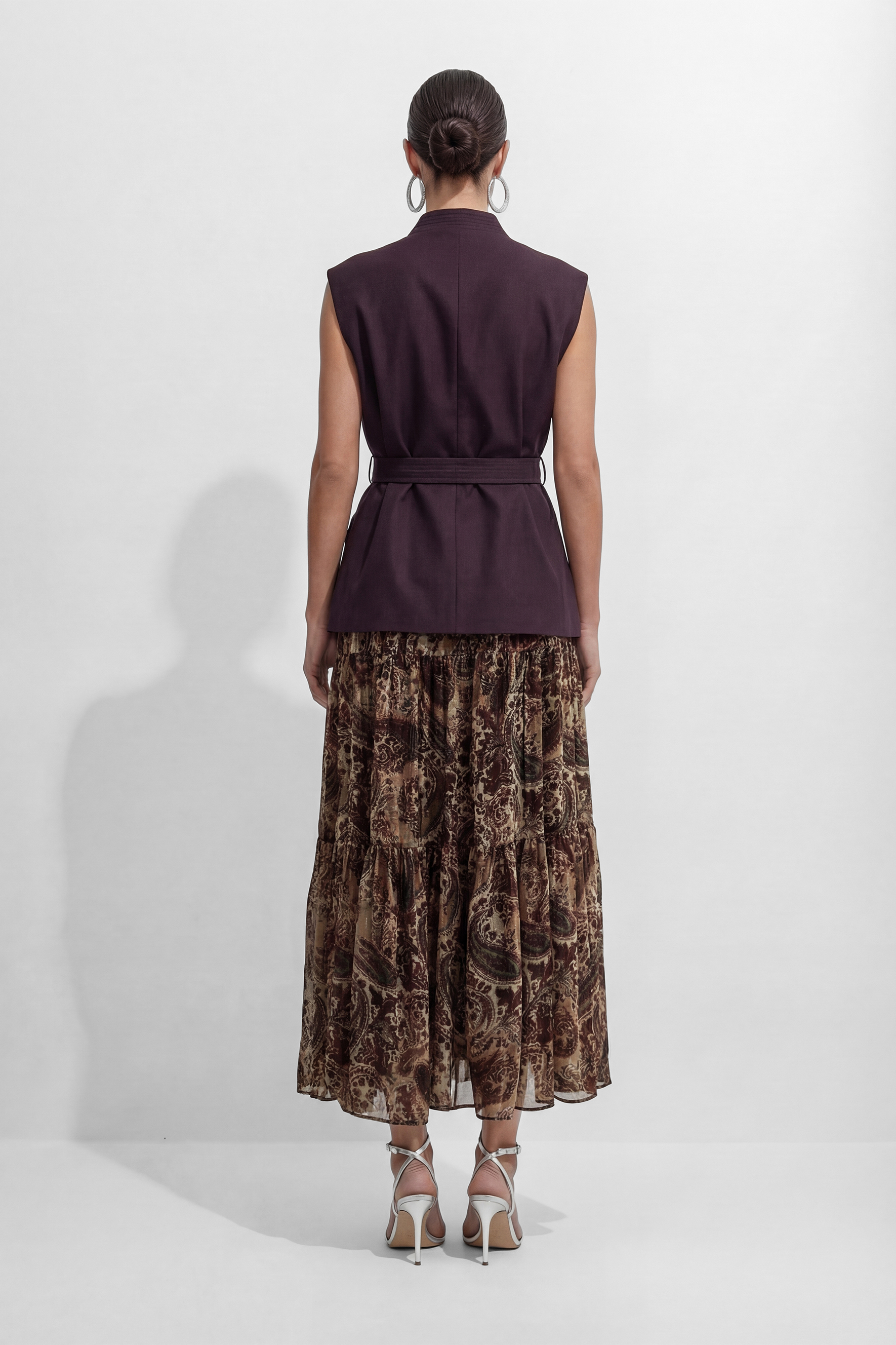 Only Us Tonight Brown Belted Vest & Paisley Print Skirt Set