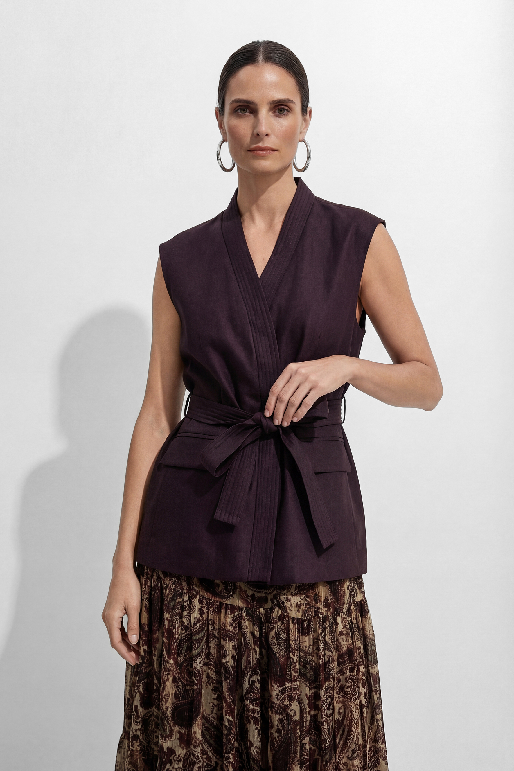 Only Us Tonight Brown Belted Vest & Paisley Print Skirt Set