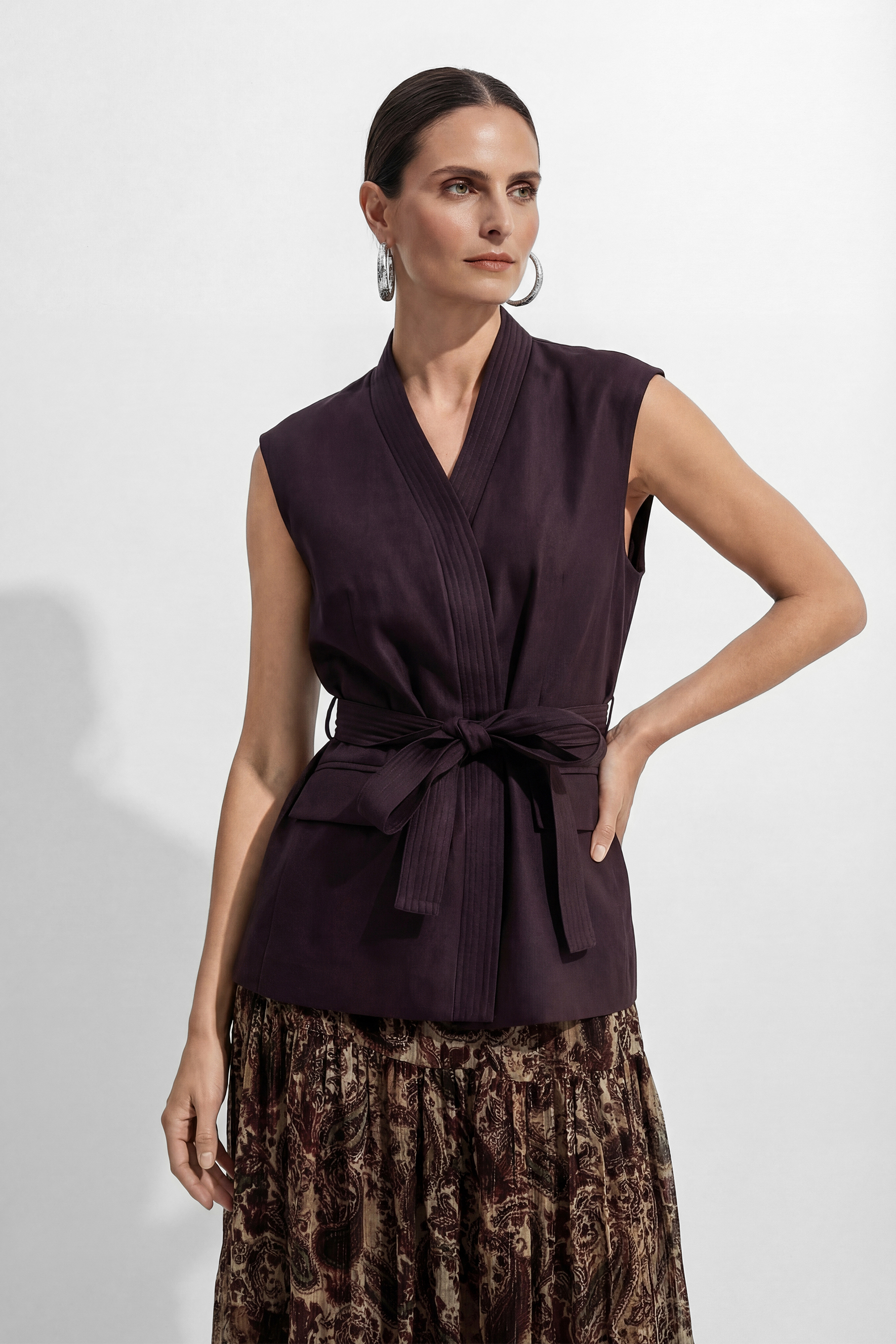 Only Us Tonight Brown Belted Vest & Paisley Print Skirt Set