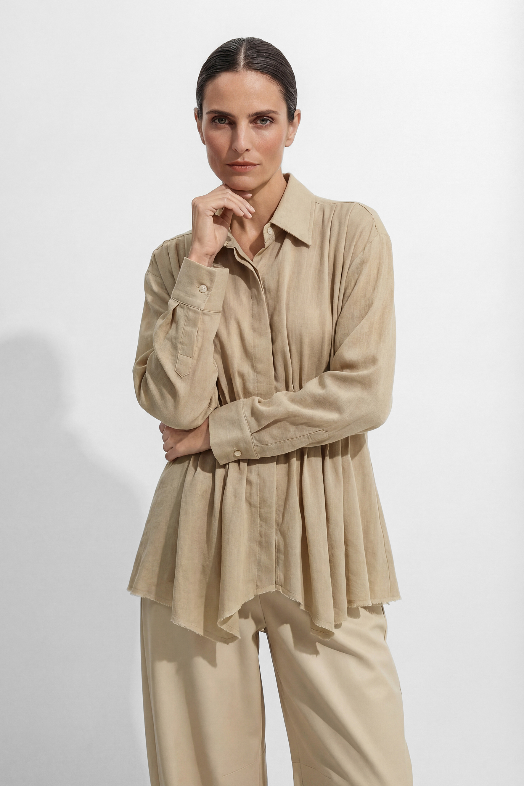 Relaxed Day Khaki Waist Pleat Asymmetrical Hem Shirt