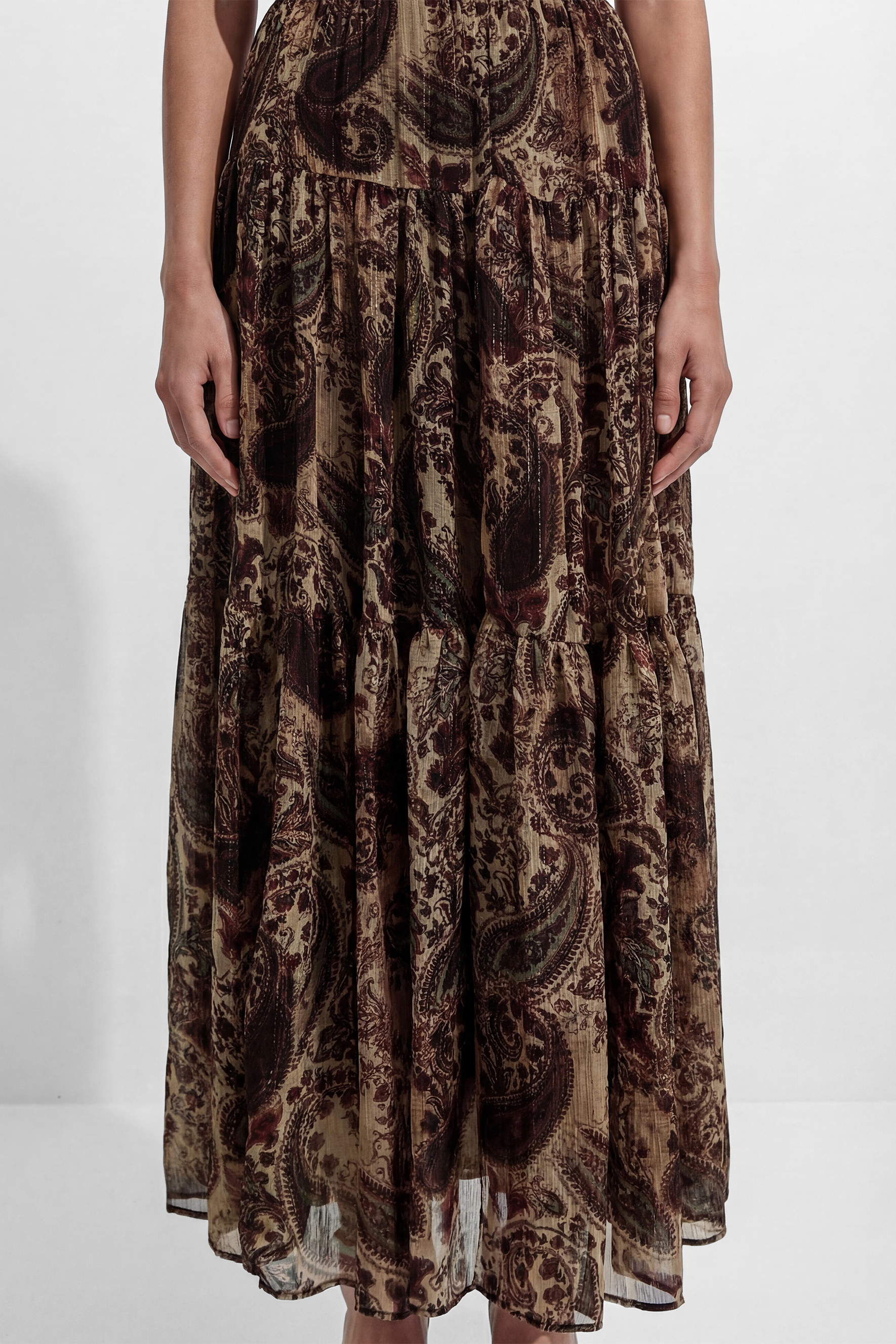 Only Us Tonight Brown Belted Vest & Paisley Print Skirt Set