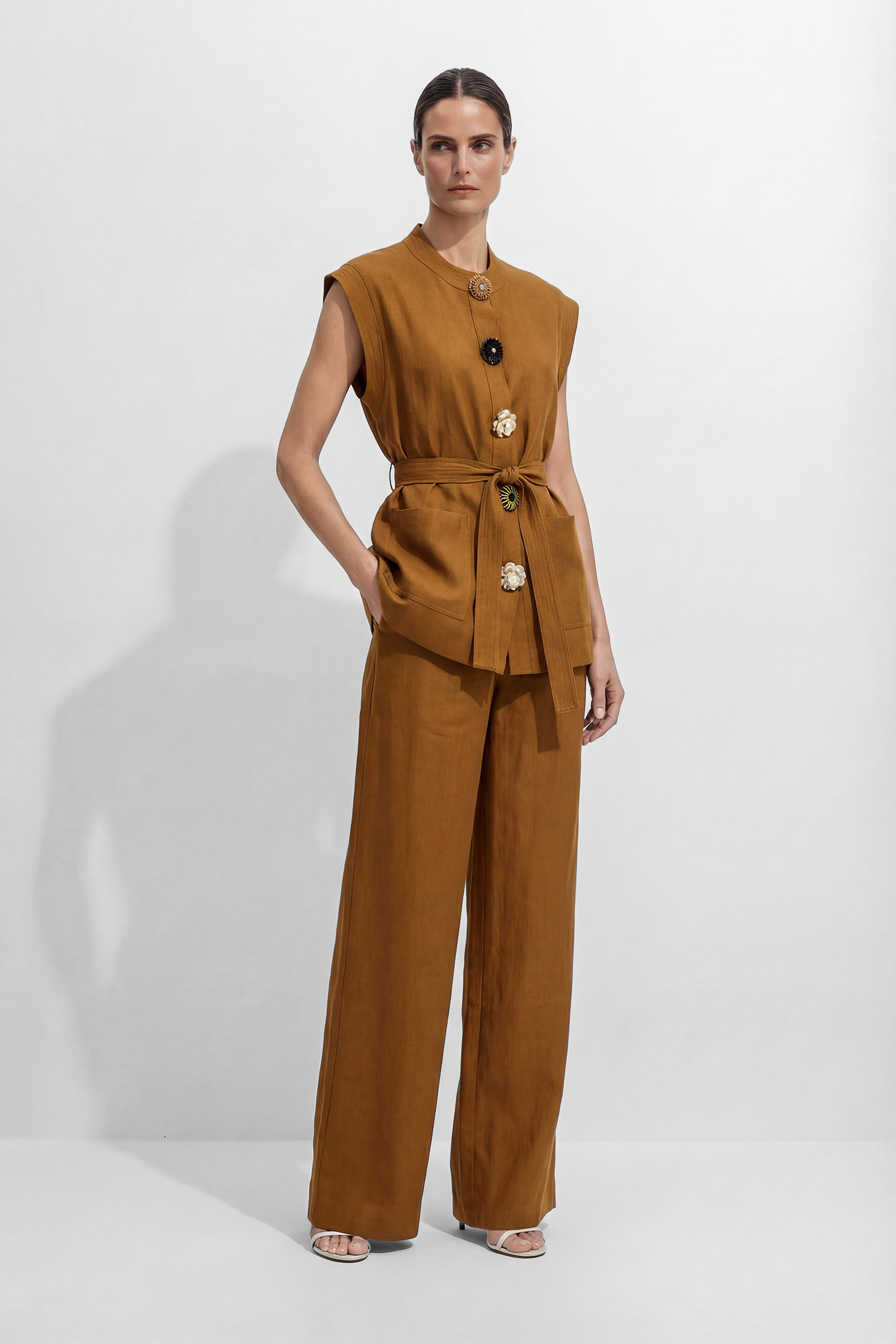 Time Moves Soft Brown Floral Button Vest & Wide Leg Pants Set