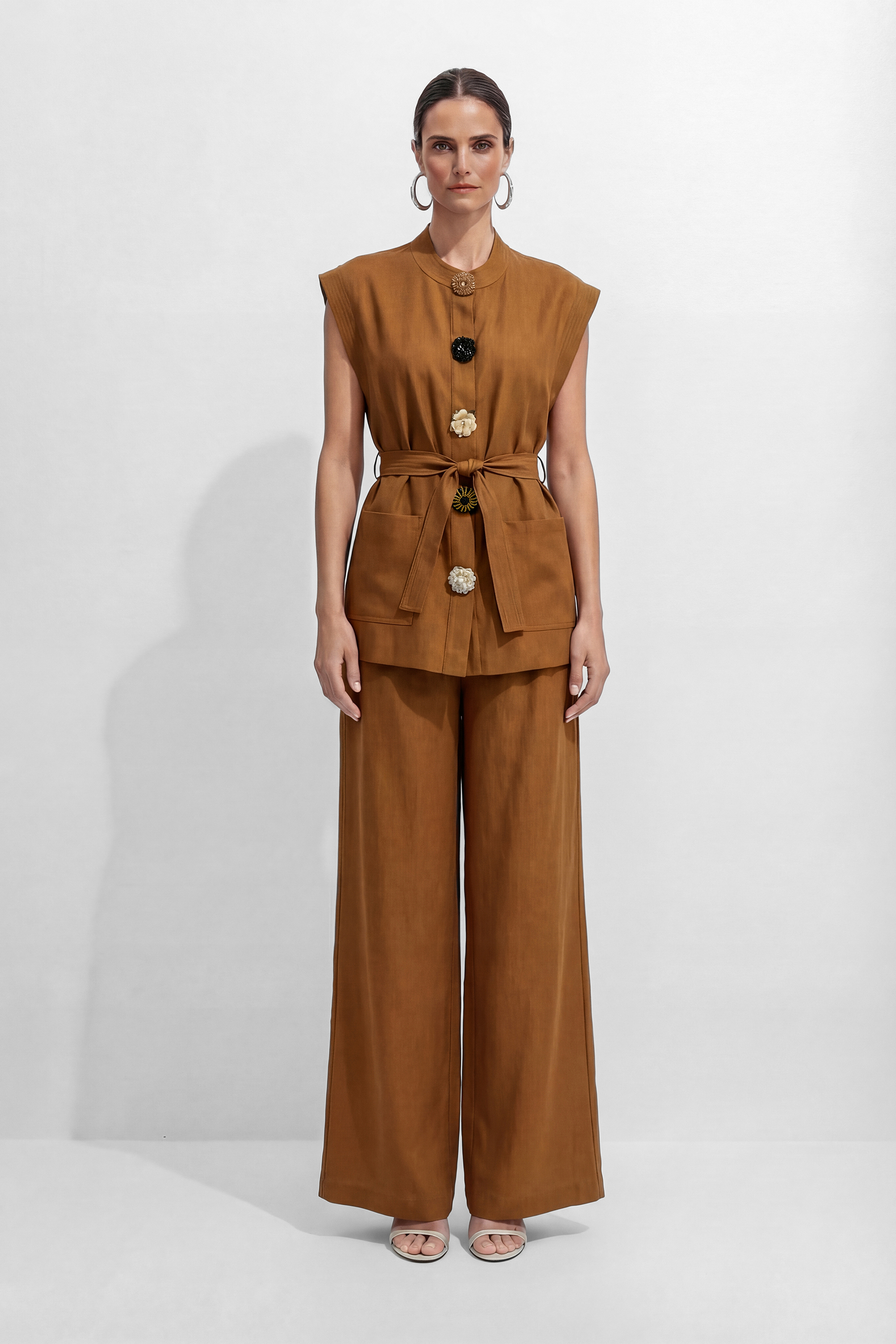 Time Moves Soft Brown Floral Button Vest & Wide Leg Pants Set