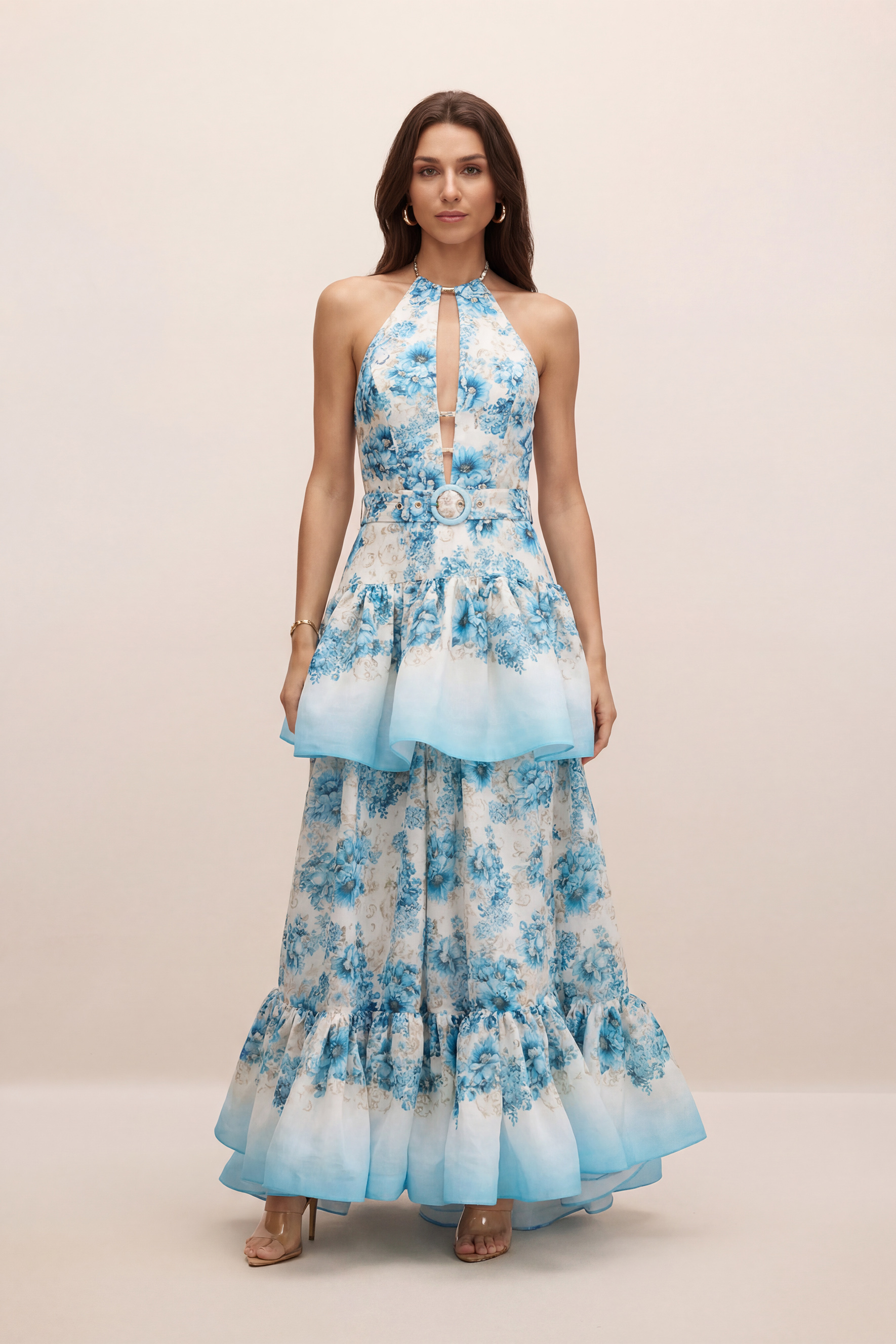 Softest Promise Blue Floral Print Cutout Ruffle Maxi Dress