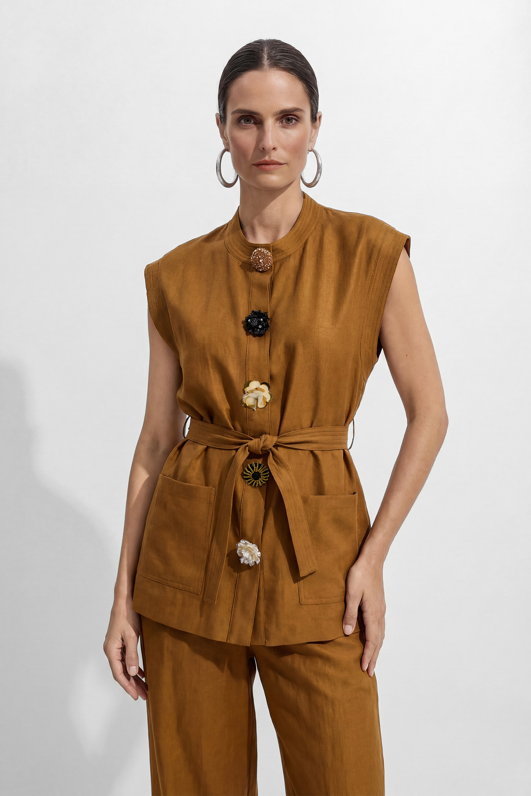 Time Moves Soft Brown Floral Button Vest & Wide Leg Pants Set