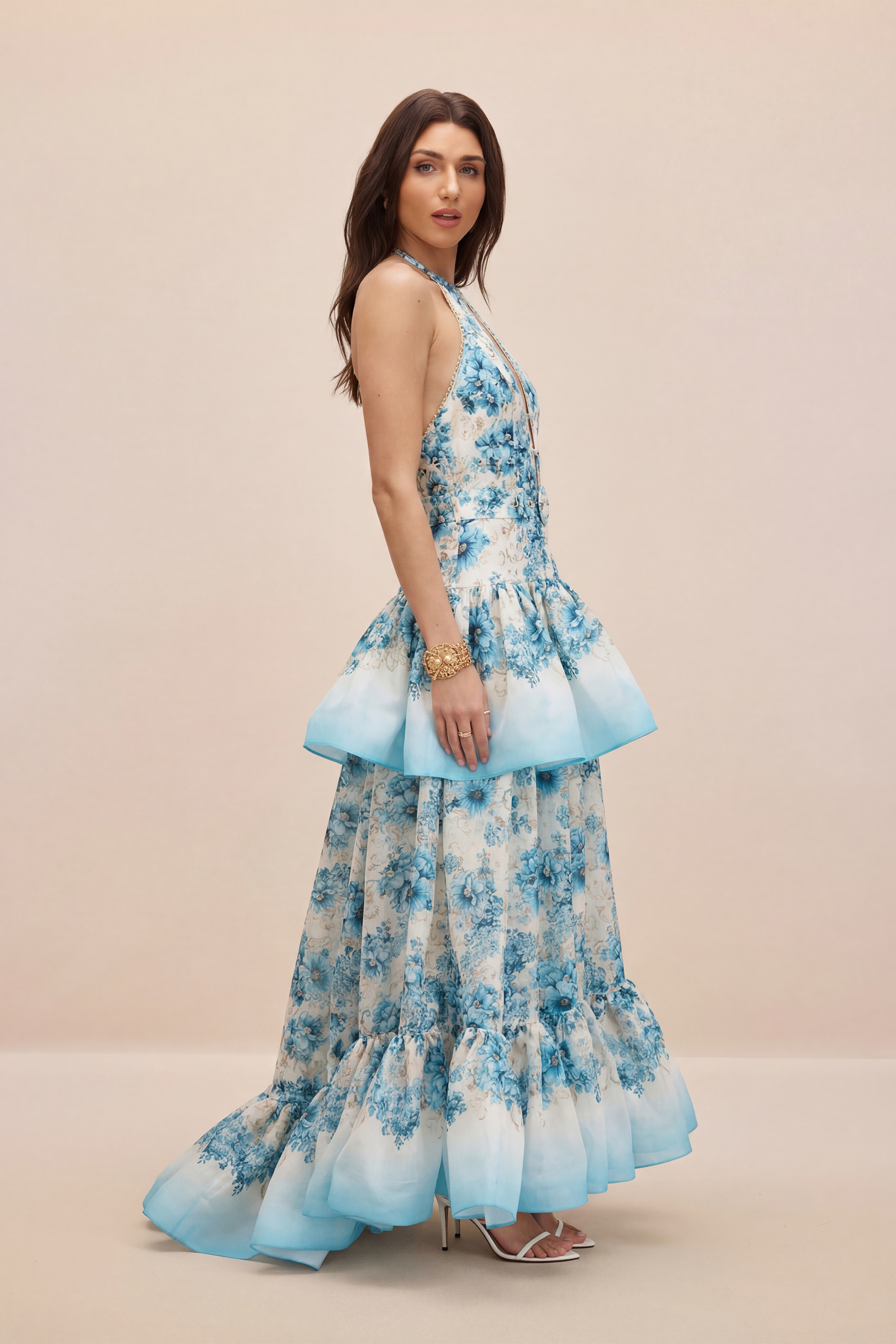 Softest Promise Blue Floral Print Cutout Ruffle Maxi Dress