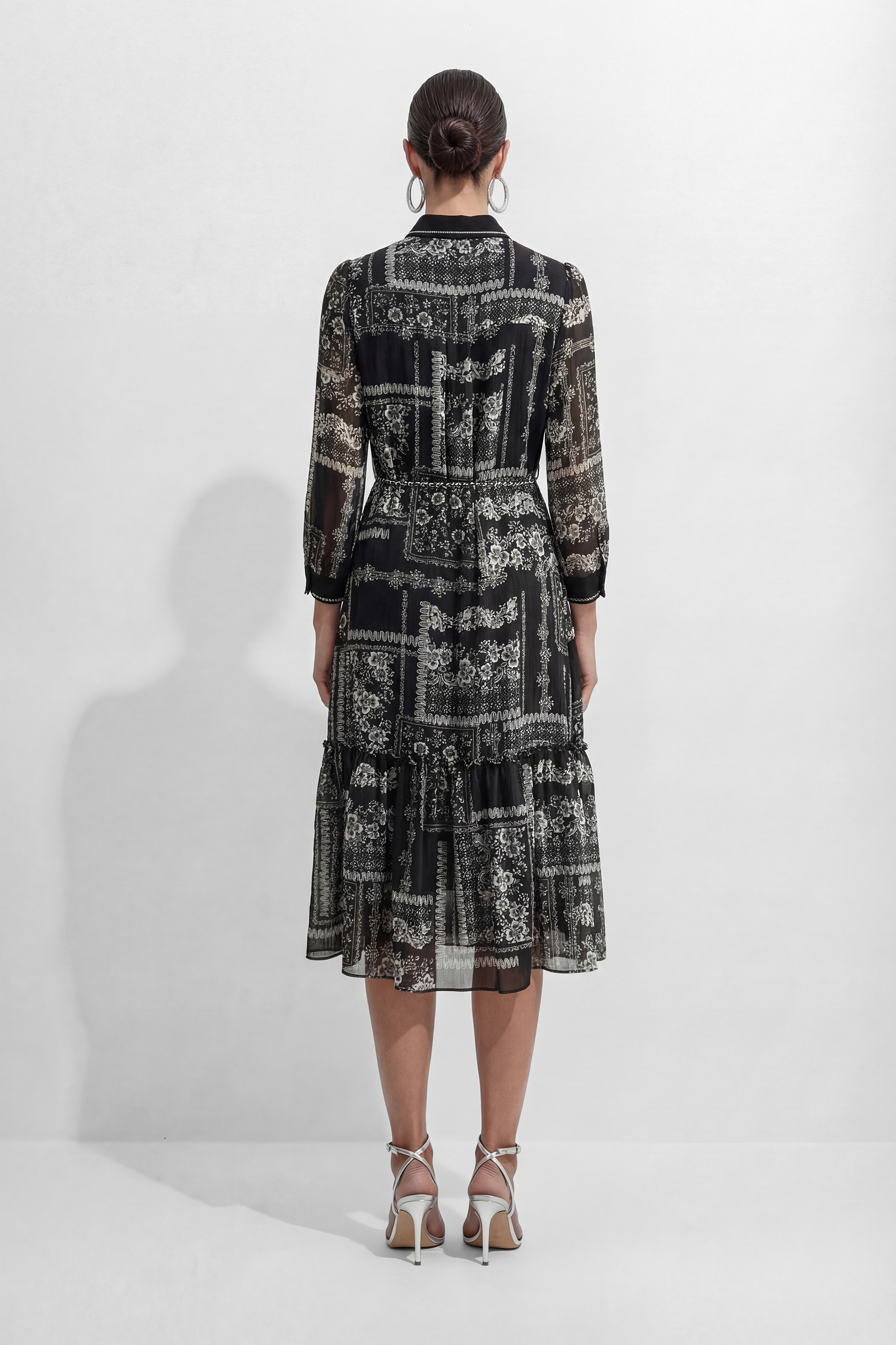 Midnight Bloom Black Floral Print Tiered Midi Dress