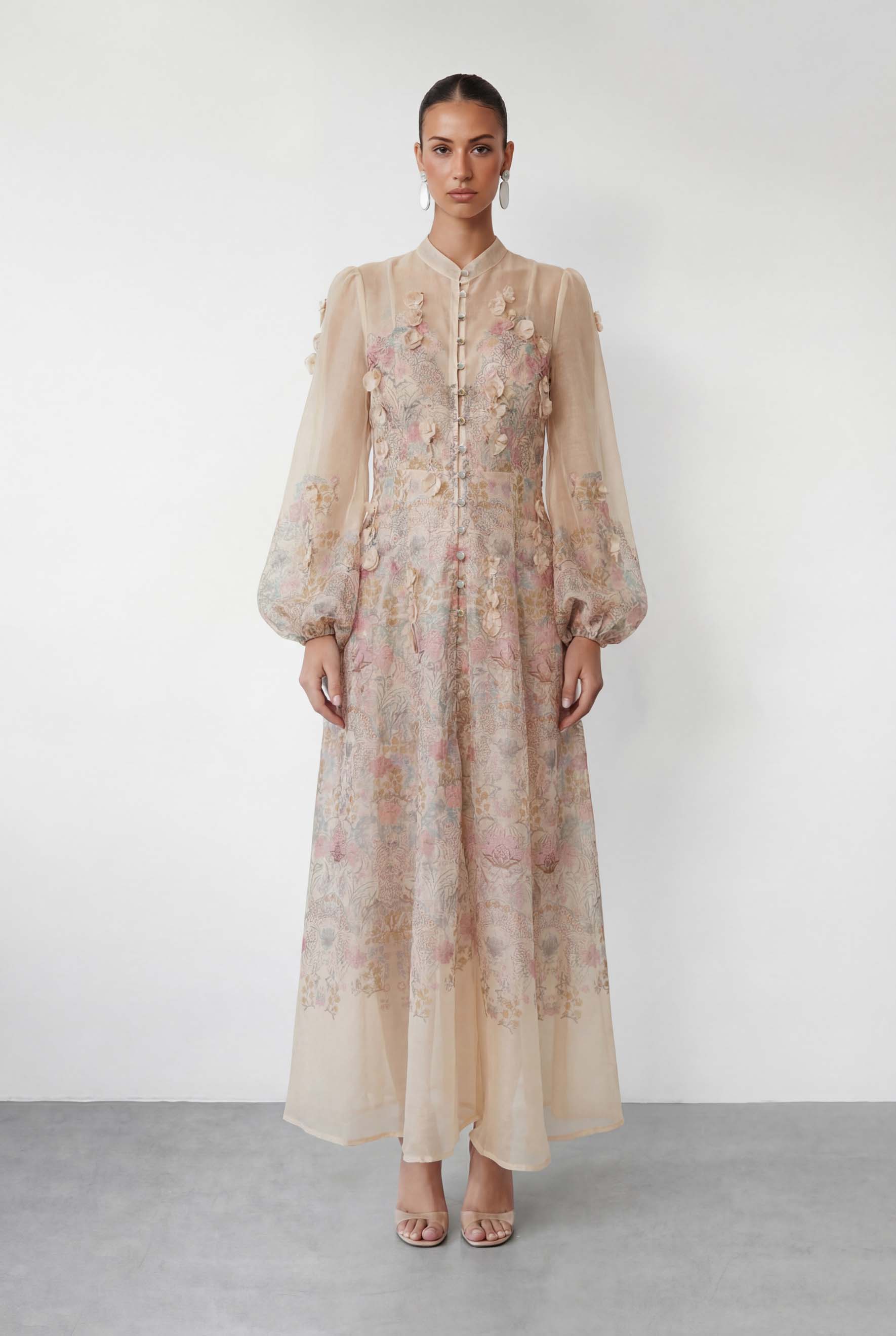 Precious Time Apricot Floral Applique Chiffon Maxi Dress