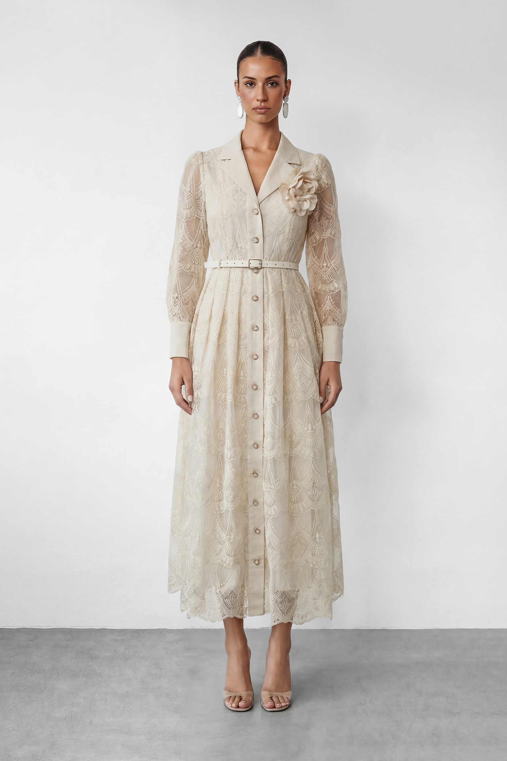 Living With Grace Beige Lapel Collar Lace Maxi Dress