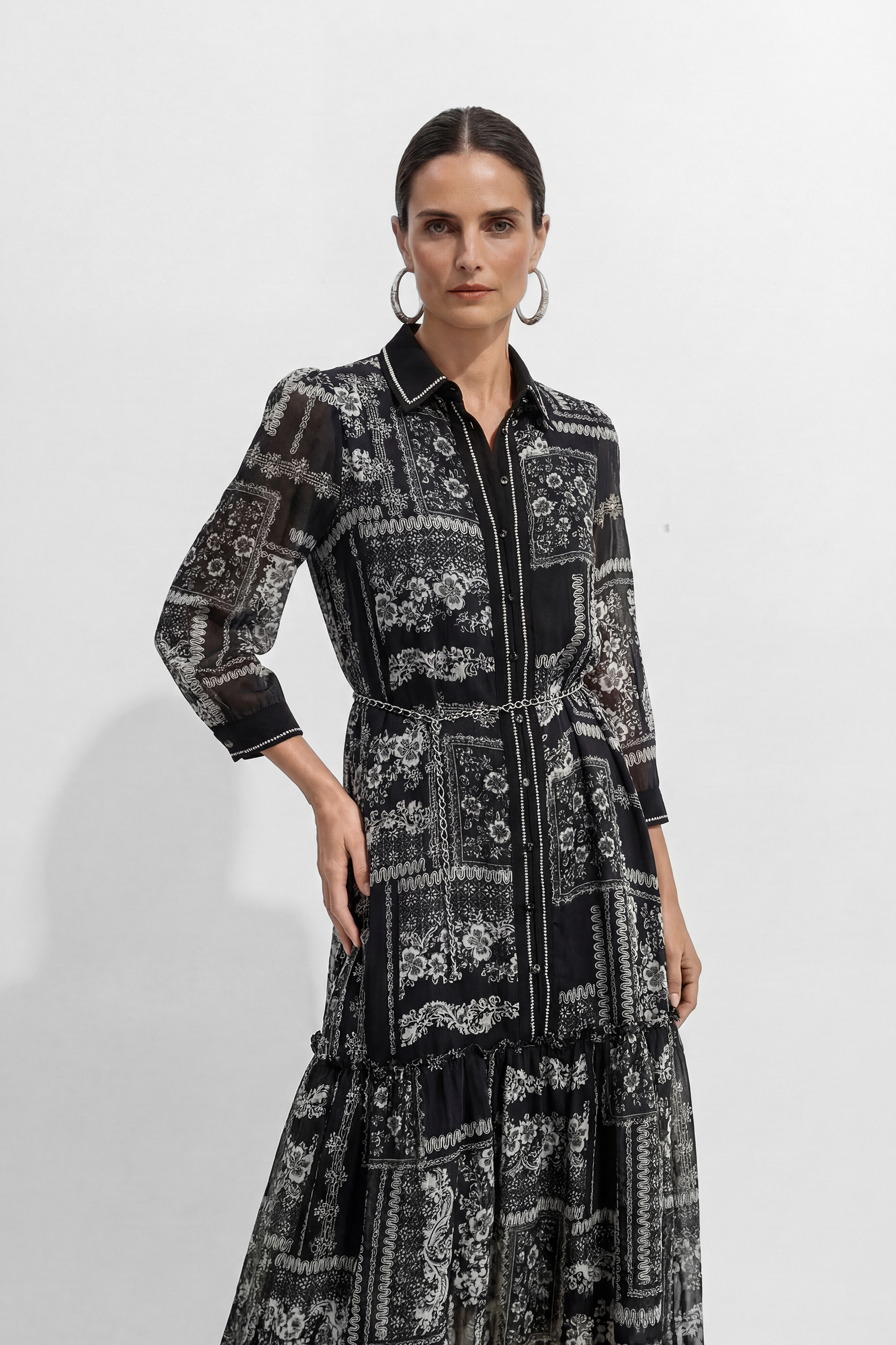 Midnight Bloom Black Floral Print Tiered Midi Dress