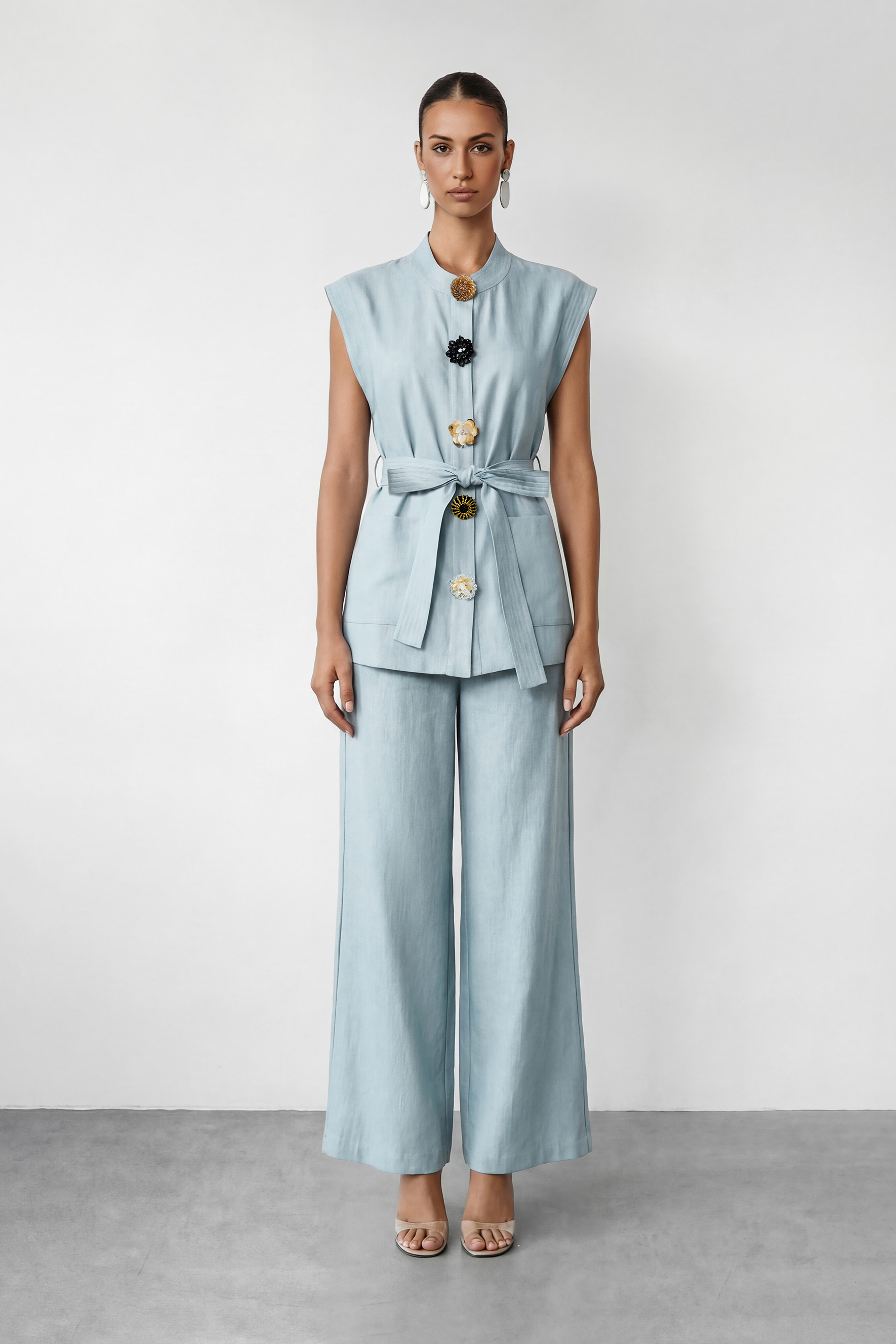 Simple Feeling Blue Floral Button & Wide Leg Pants Set