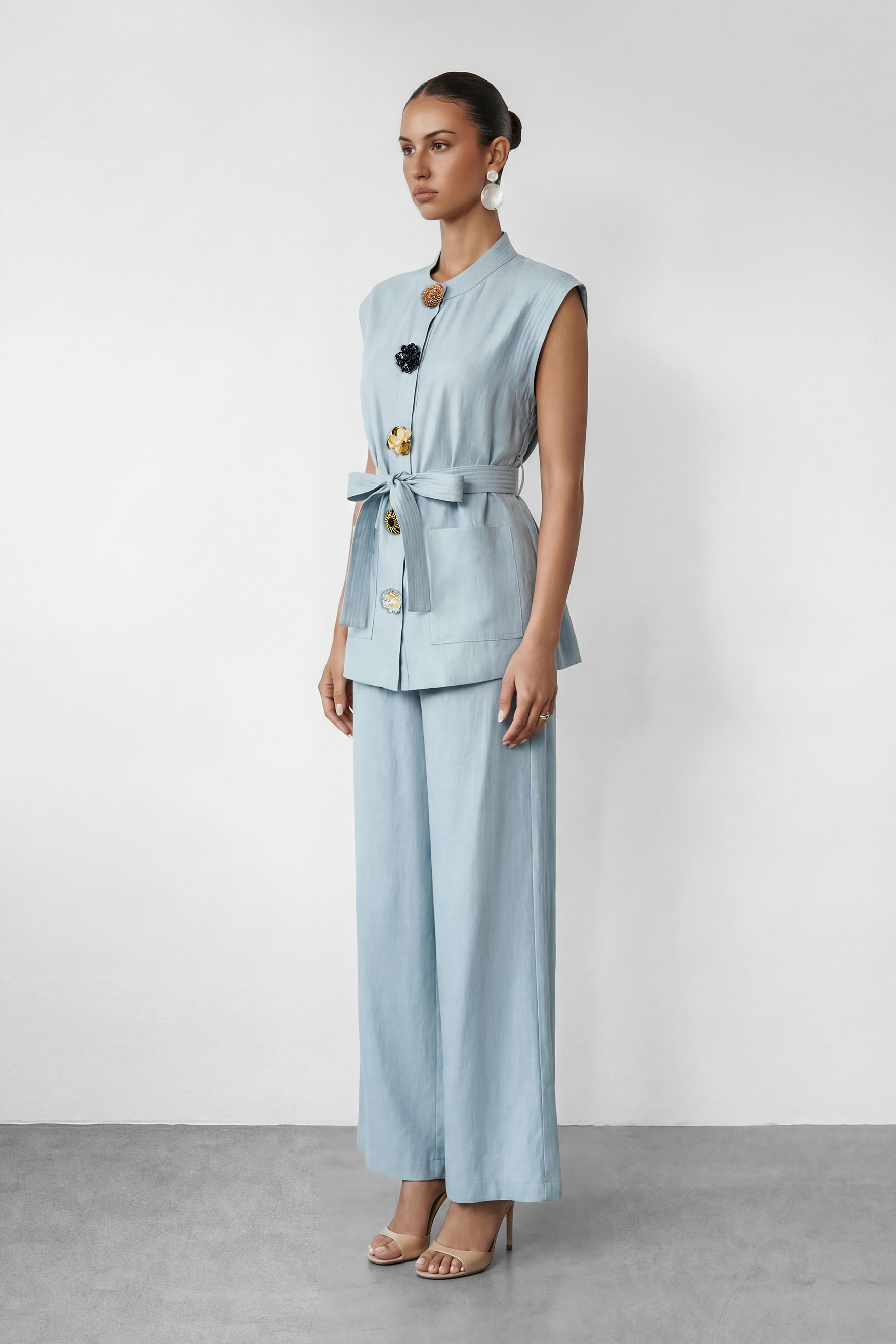 Simple Feeling Blue Floral Button & Wide Leg Pants Set