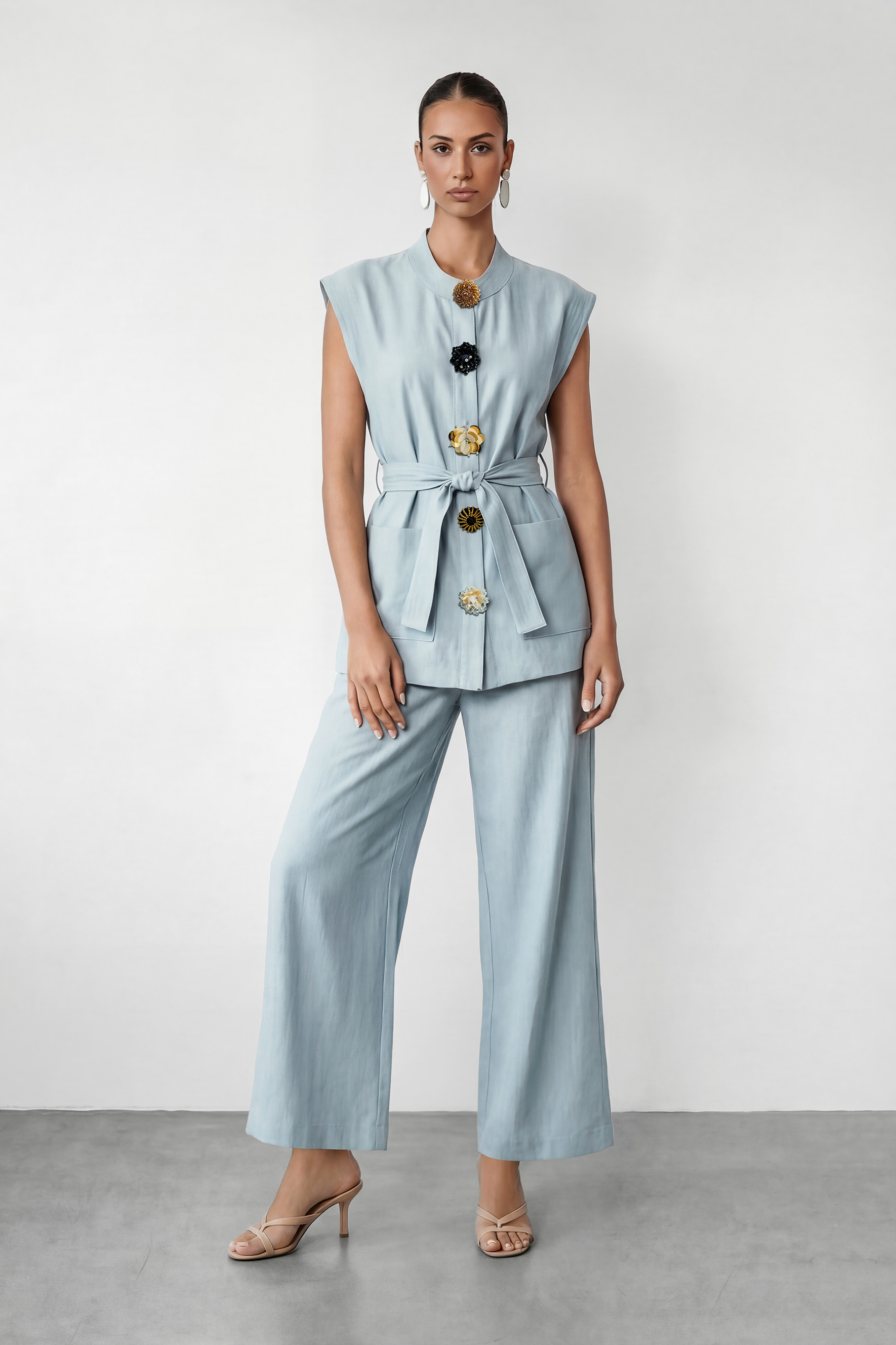 Simple Feeling Blue Floral Button & Wide Leg Pants Set